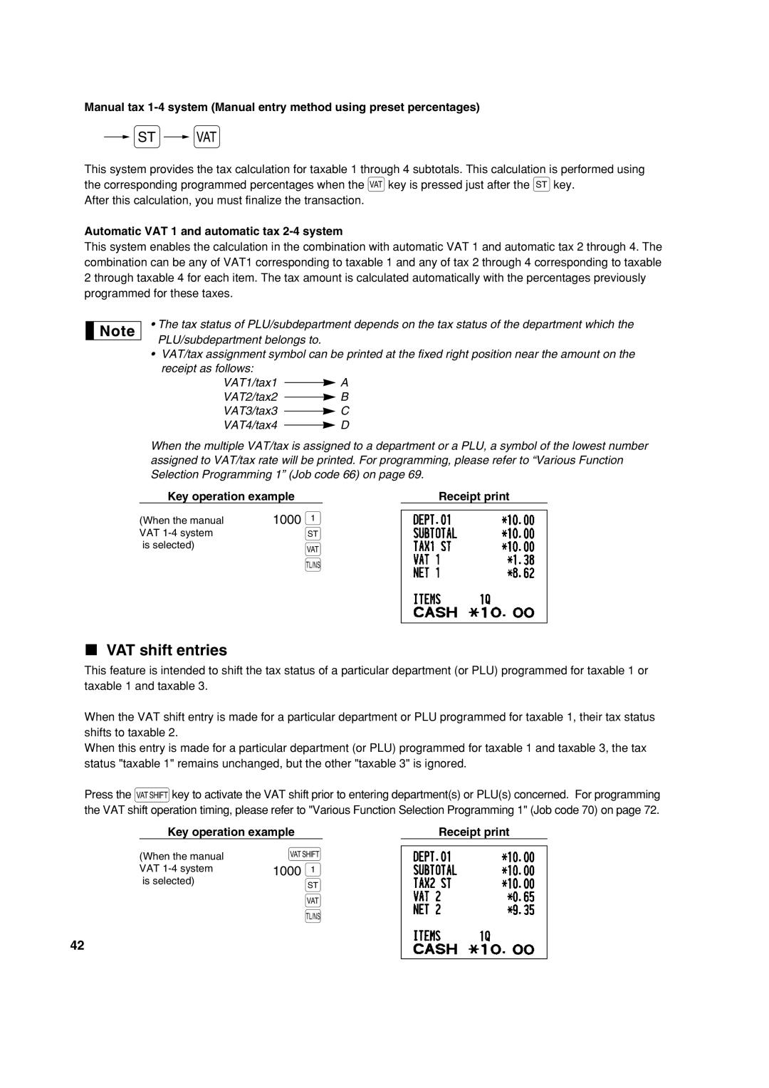 Sharp XE-A213 instruction manual VAT shift entries, Automatic VAT 1 and automatic tax 2-4 system 