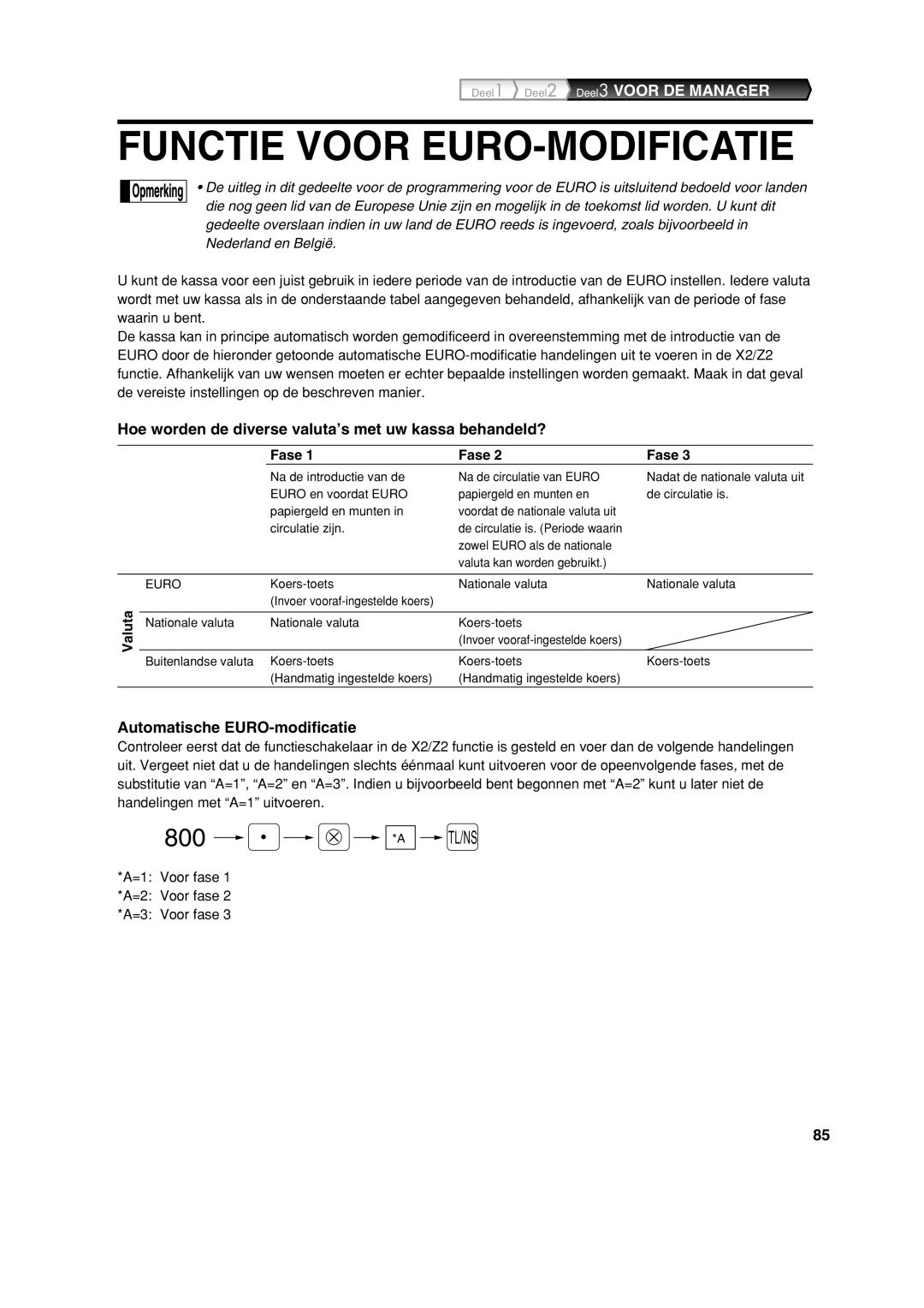 Sharp XE-A213 Functie Voor EURO-MODIFICATIE, Hoe worden de diverse valuta’s met uw kassa behandeld?, Fase 