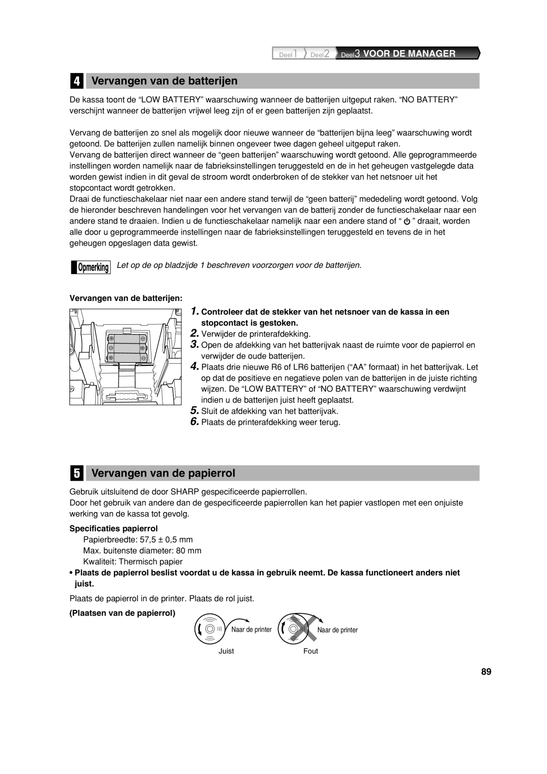 Sharp XE-A213 Vervangen van de batterijen, Vervangen van de papierrol, Specificaties papierrol, Plaatsen van de papierrol 