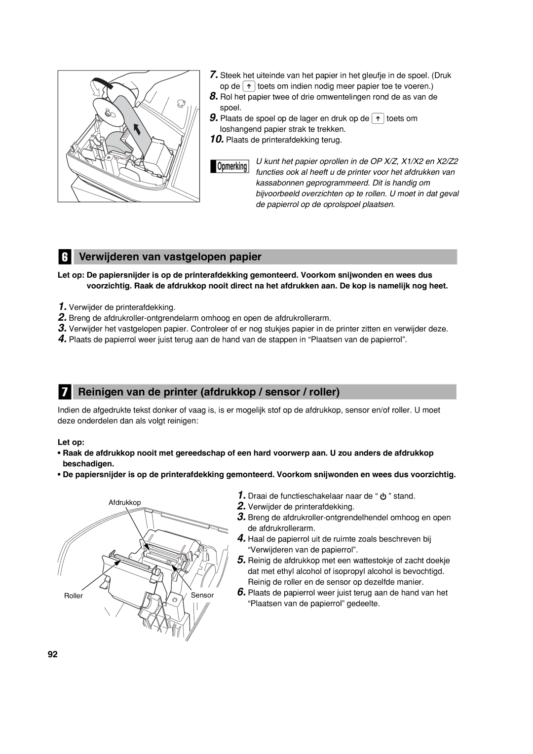 Sharp XE-A213 instruction manual Verwijderen van vastgelopen papier, Reinigen van de printer afdrukkop / sensor / roller 