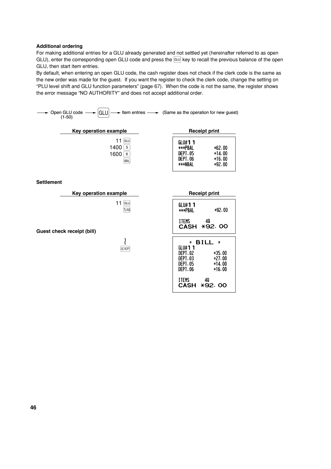 Sharp XE-A213 1400 1600, Additional ordering, Settlement Key operation example Receipt print, Guest check receipt bill 