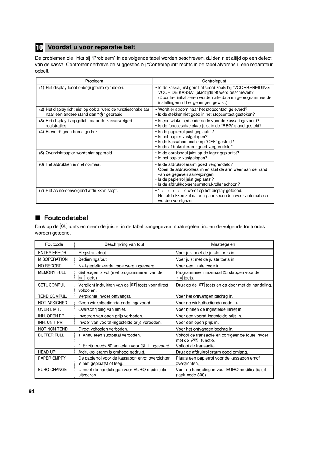 Sharp XE-A213 instruction manual Voordat u voor reparatie belt, Foutcodetabel 