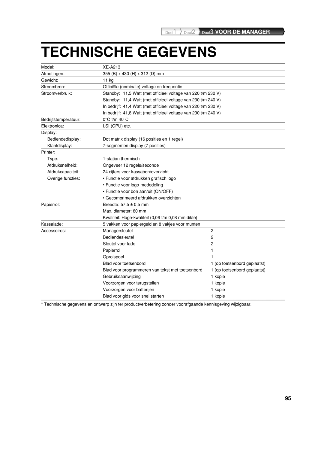 Sharp XE-A213 instruction manual Technische Gegevens 