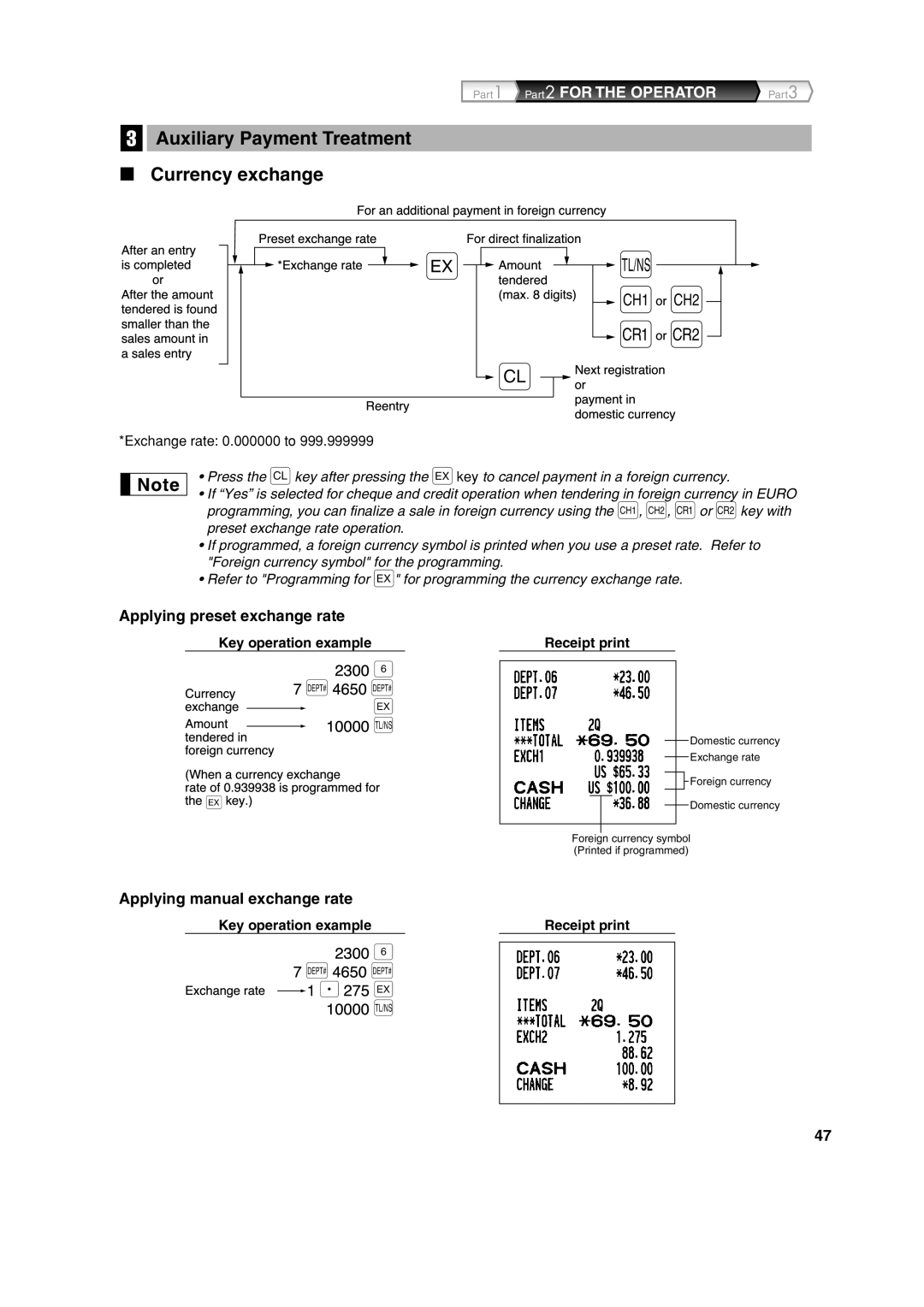 Sharp XE-A213 instruction manual Auxiliary Payment Treatment Currency exchange, Exchange rate 0.000000 to 