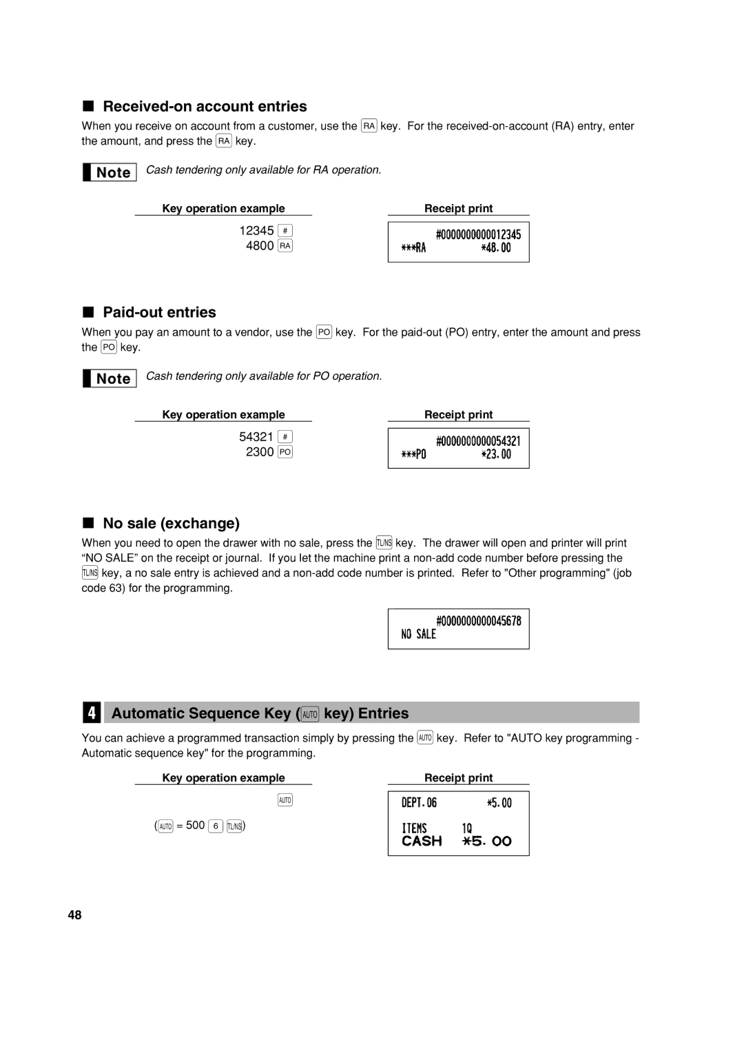 Sharp XE-A213 Received-on account entries, Paid-out entries, No sale exchange, Automatic Sequence Key a key Entries 