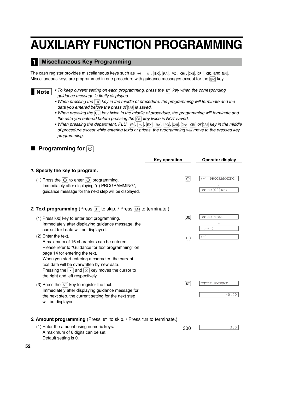 Sharp XE-A213 Auxiliary Function Programming, Miscellaneous Key Programming, Programming for, Specify the key to program 