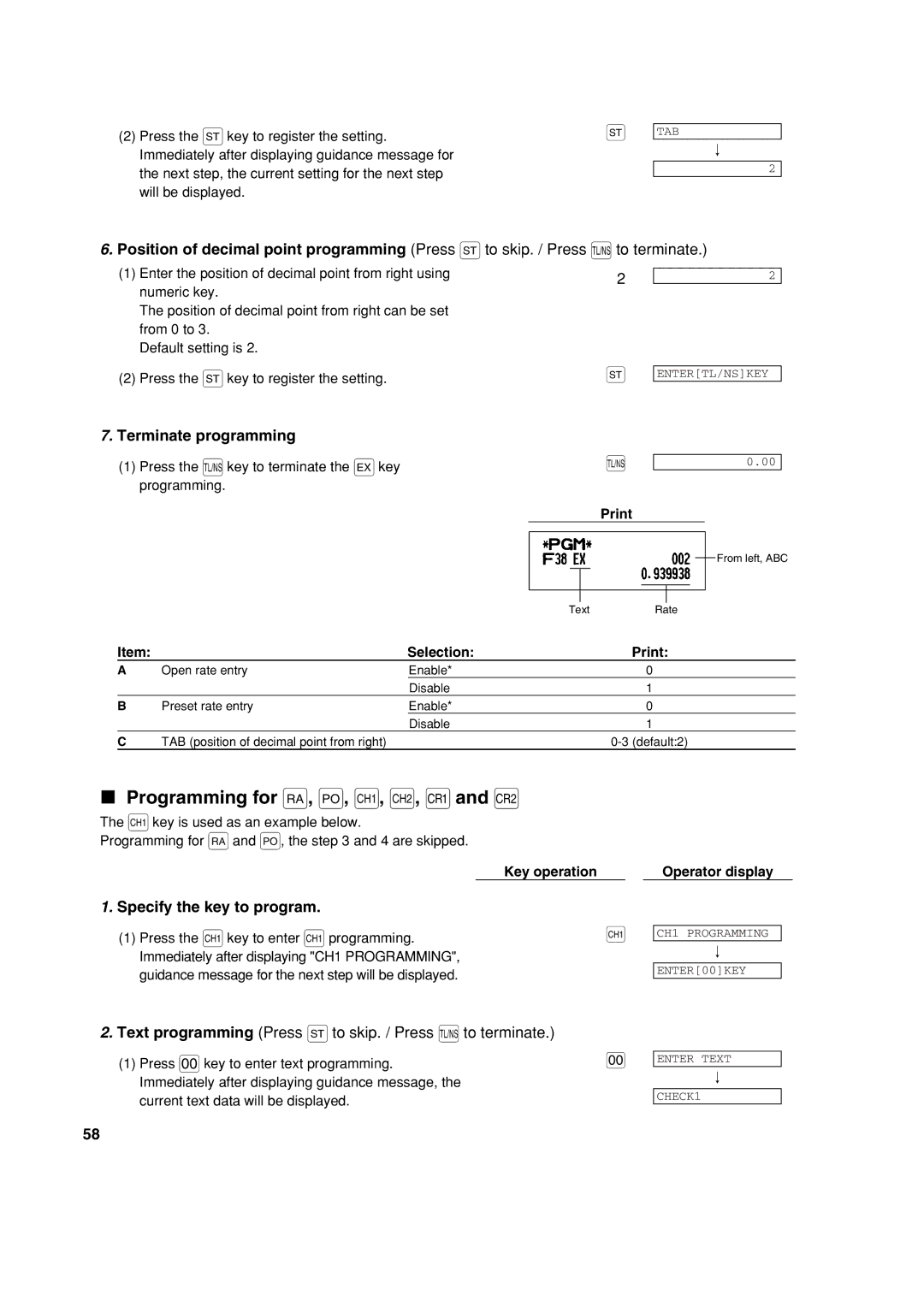 Sharp XE-A213 instruction manual Programming for r, o, X, Y, cand b, Press the Akey to terminate the Vkey Programming 