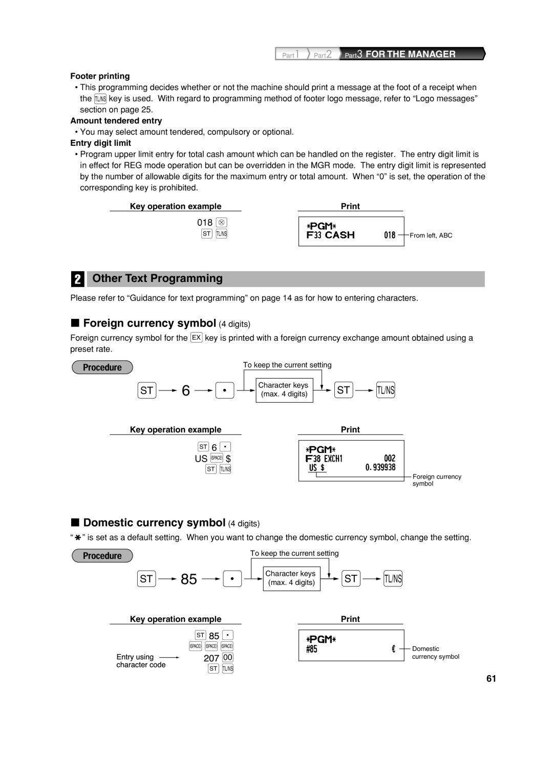 Sharp XE-A213 Other Text Programming, Foreign currency symbol 4 digits, Domestic currency symbol 4 digits, 018 @, Us S $ 