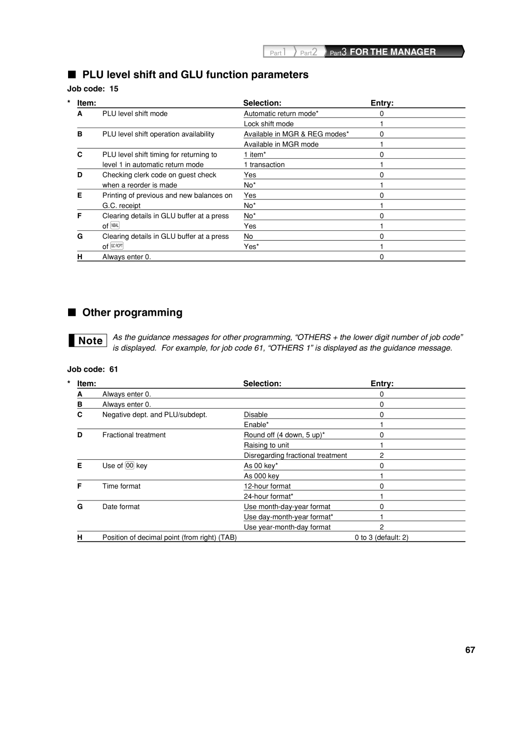 Sharp XE-A213 instruction manual PLU level shift and GLU function parameters, Other programming 