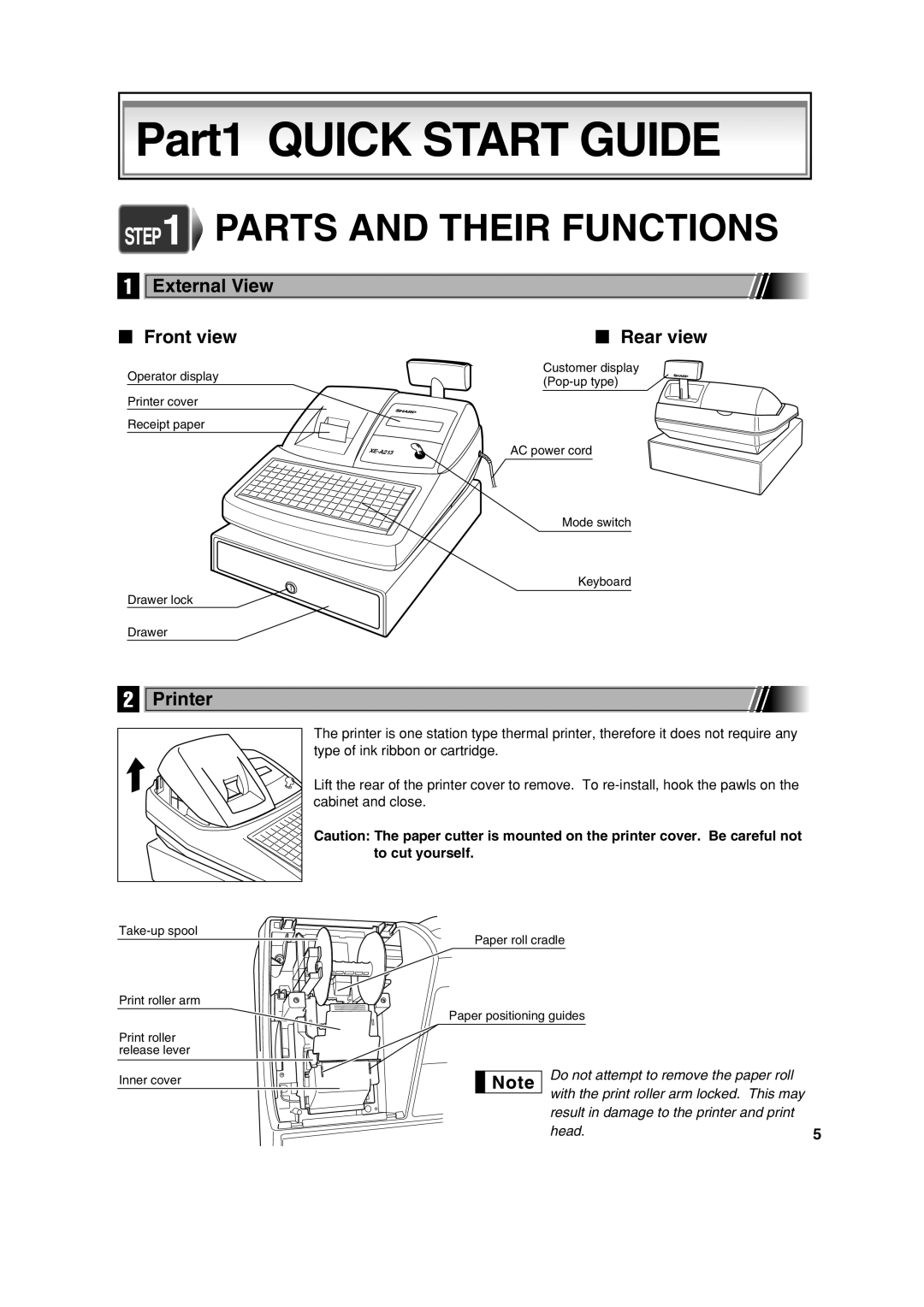 Sharp XE-A213 instruction manual External View Front view Rear view, Printer 