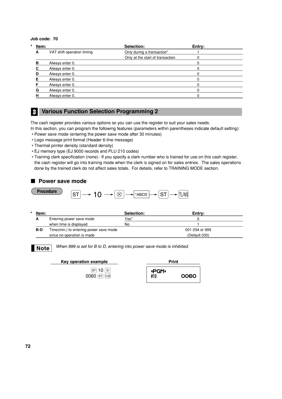 Sharp XE-A213 instruction manual Power save mode, 10 @ 0060 s a, Selection Entry 