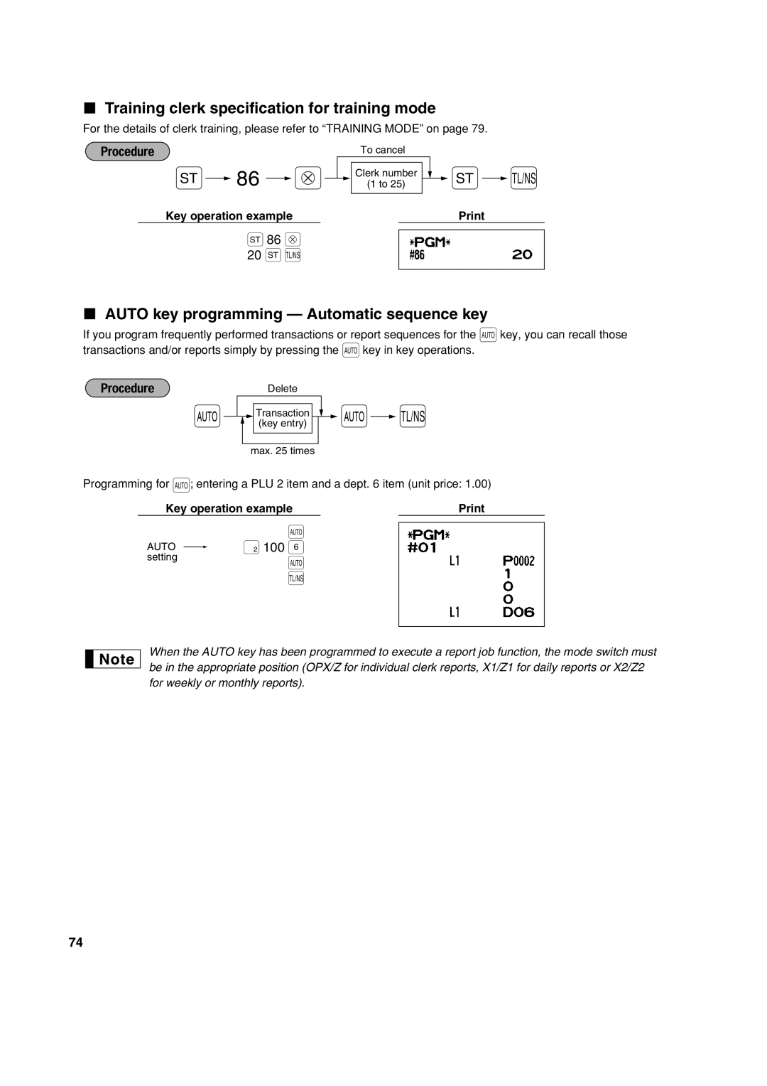 Sharp XE-A213 Training clerk specification for training mode, Auto key programming Automatic sequence key, 86 @ 20 s a 