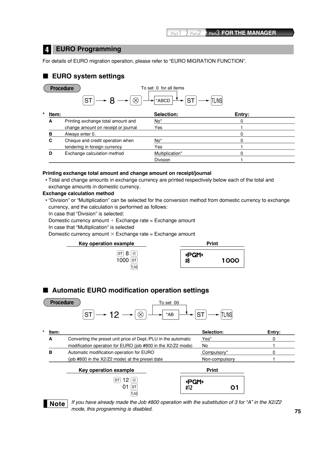 Sharp XE-A213 Euro Programming, Euro system settings, Automatic Euro modification operation settings, 1000 s, 12 @ 