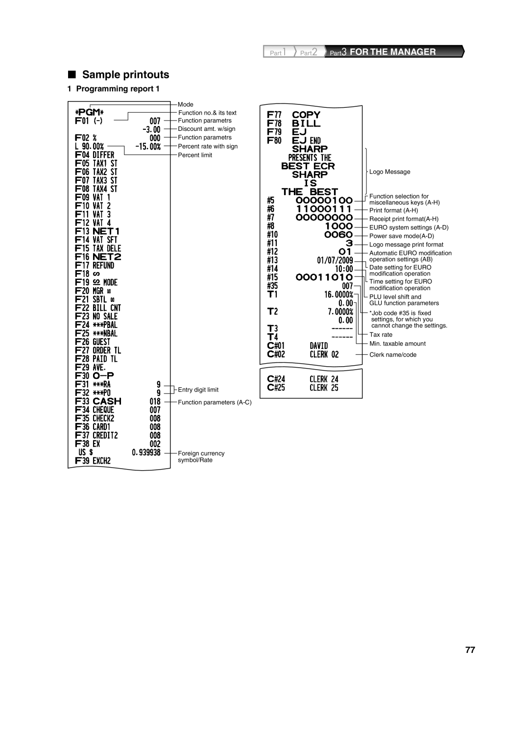 Sharp XE-A213 instruction manual Sample printouts, Programming report 