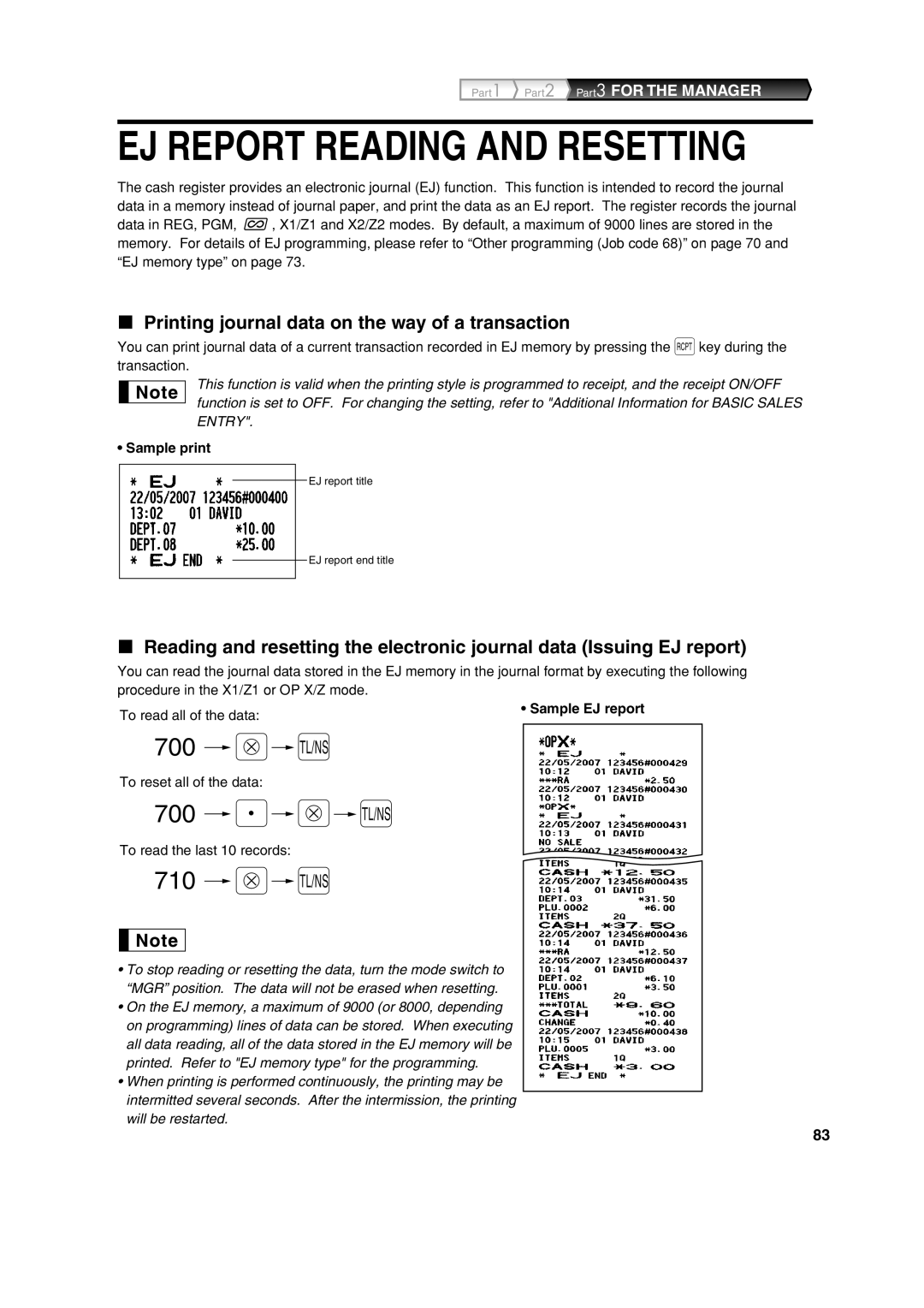 Sharp XE-A213 Printing journal data on the way of a transaction, Sample print, Sample EJ report, To reset all of the data 