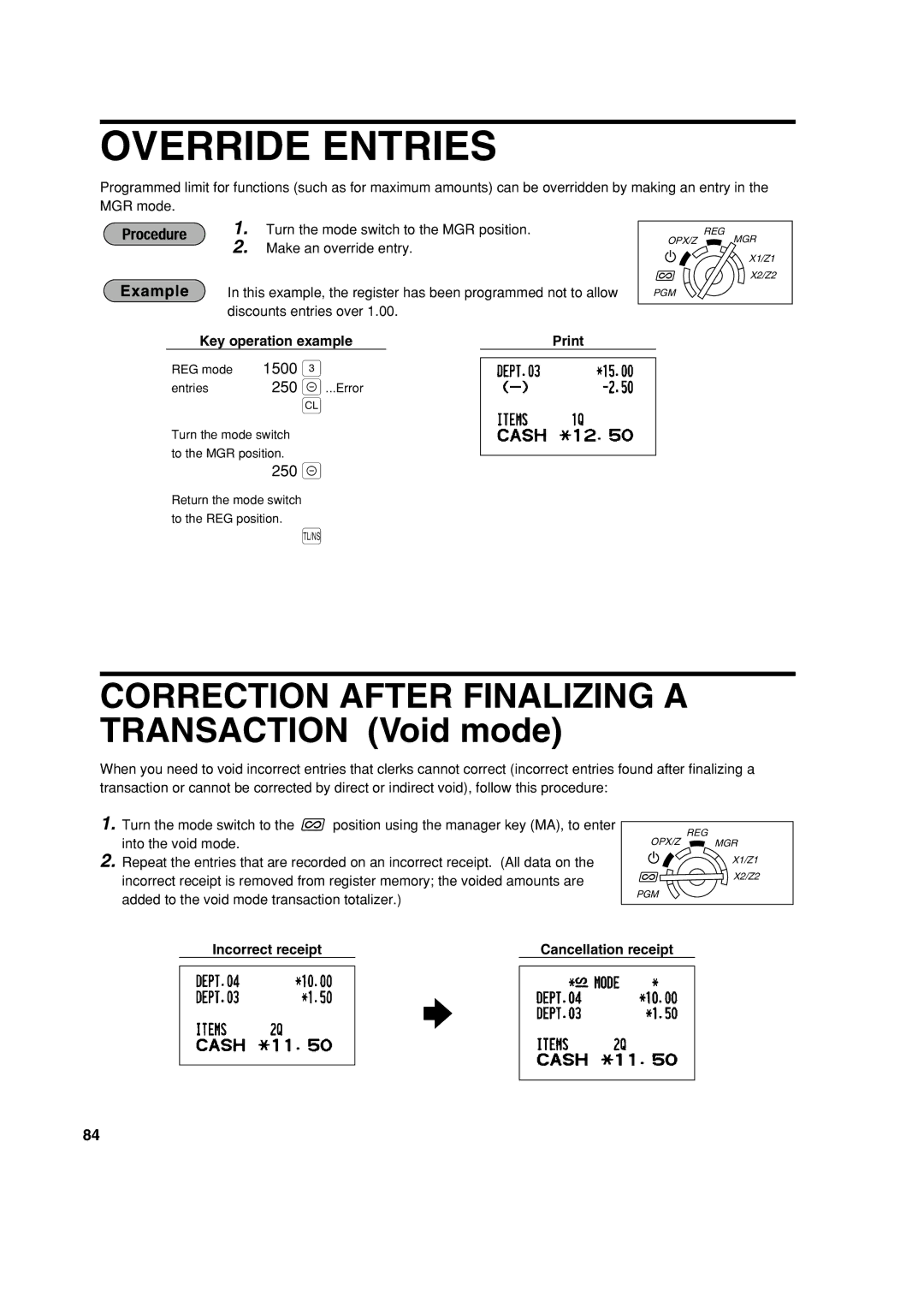 Sharp XE-A213 instruction manual Override Entries, Incorrect receipt Cancellation receipt 