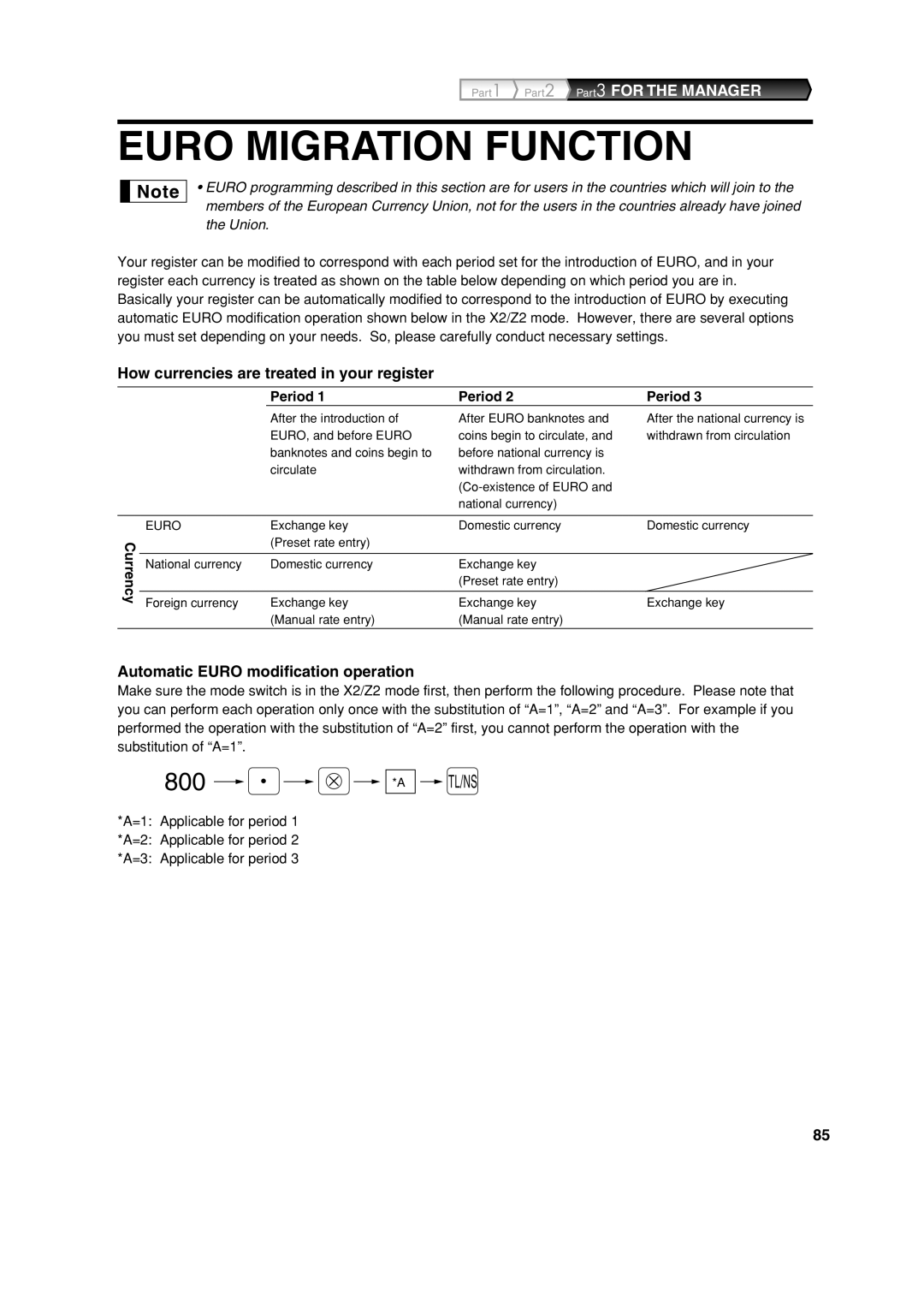 Sharp XE-A213 Euro Migration Function, How currencies are treated in your register, Automatic Euro modification operation 