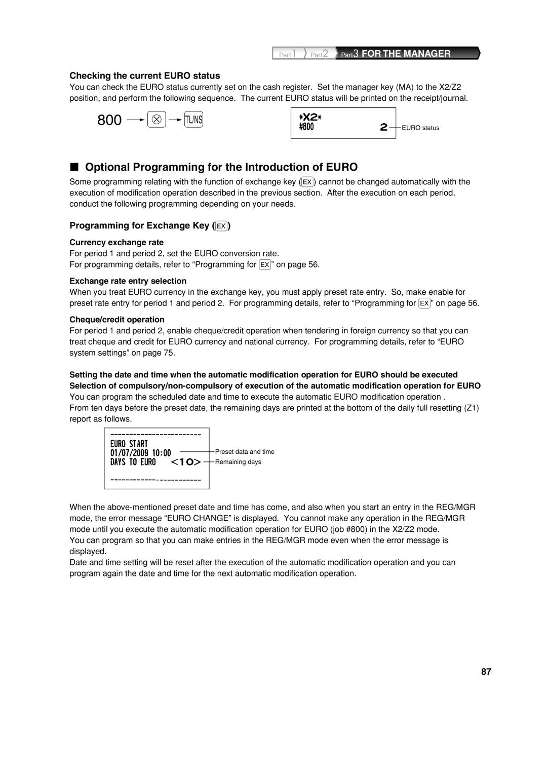 Sharp XE-A213 instruction manual Optional Programming for the Introduction of Euro, Checking the current Euro status 