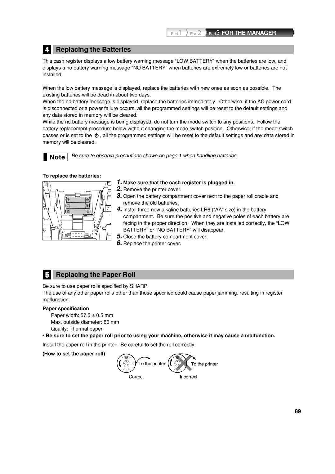 Sharp XE-A213 Replacing the Batteries, Replacing the Paper Roll, Paper specification, How to set the paper roll 