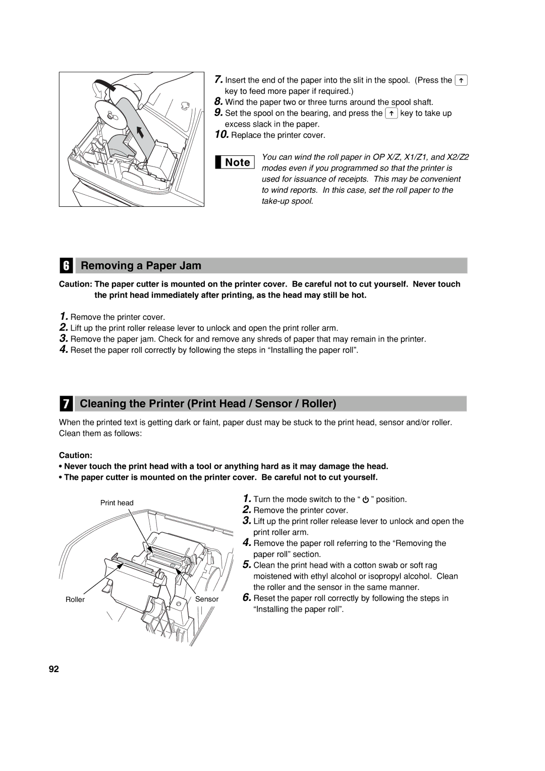 Sharp XE-A213 instruction manual Removing a Paper Jam, Cleaning the Printer Print Head / Sensor / Roller 