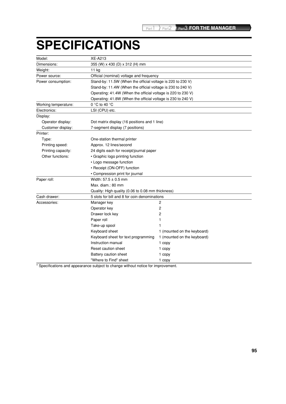 Sharp XE-A213 instruction manual Specifications 