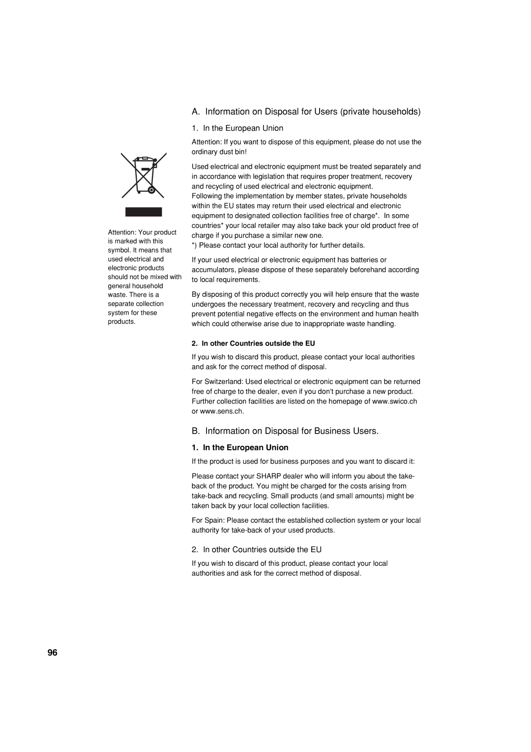 Sharp XE-A213 Information on Disposal for Users private households, Information on Disposal for Business Users 