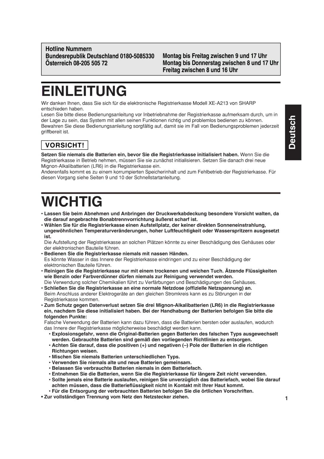 Sharp XE-A213 instruction manual Einleitung, Wichtig, Hotline Nummern, Österreich 08-205 505, Freitag zwischen 8 und 16 Uhr 