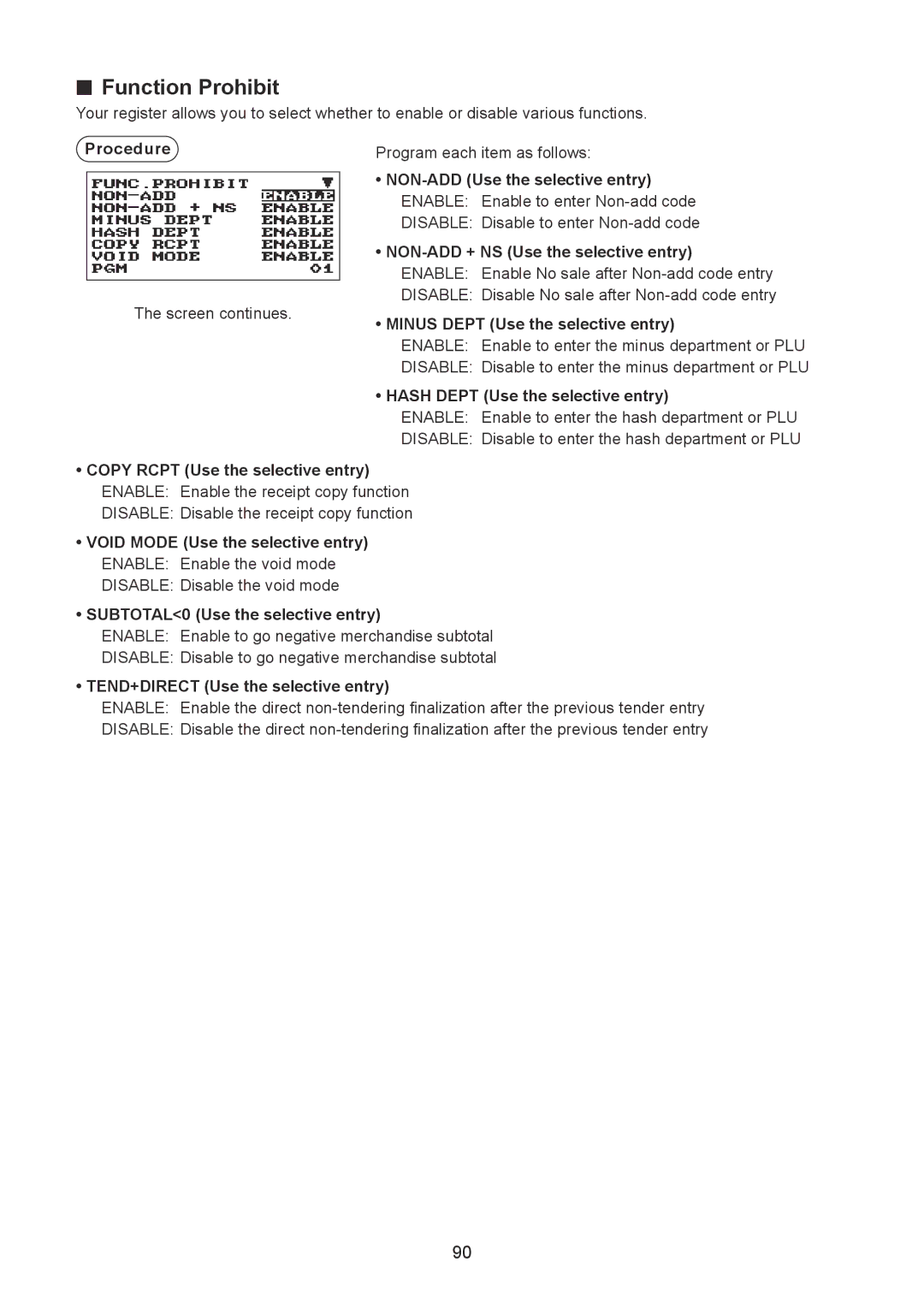 Sharp XE-A217W/XE-A217B, XE-A207W/XE-A207B instruction manual Function Prohibit 