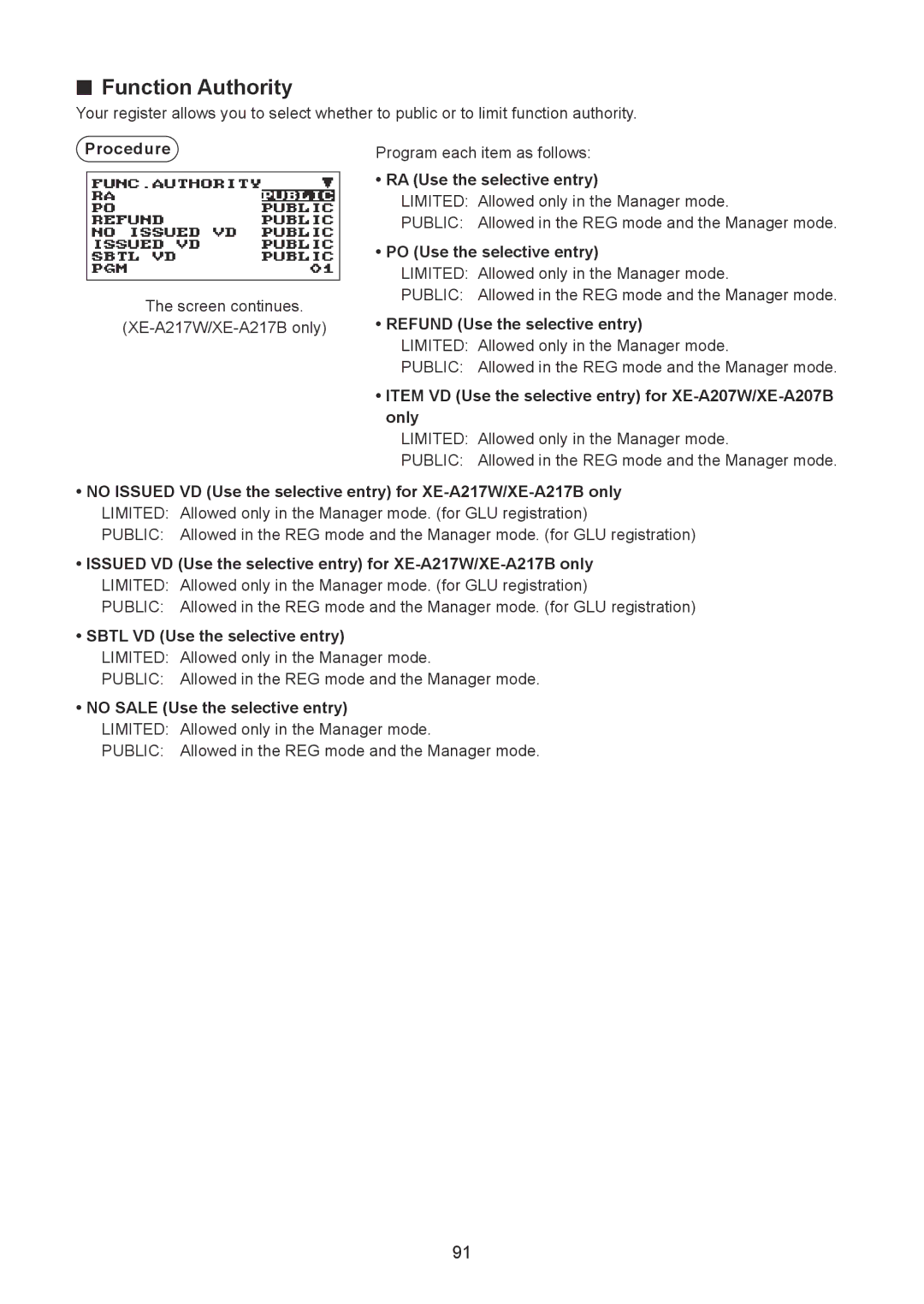 Sharp XE-A207W/XE-A207B, XE-A217W/XE-A217B instruction manual Function Authority 