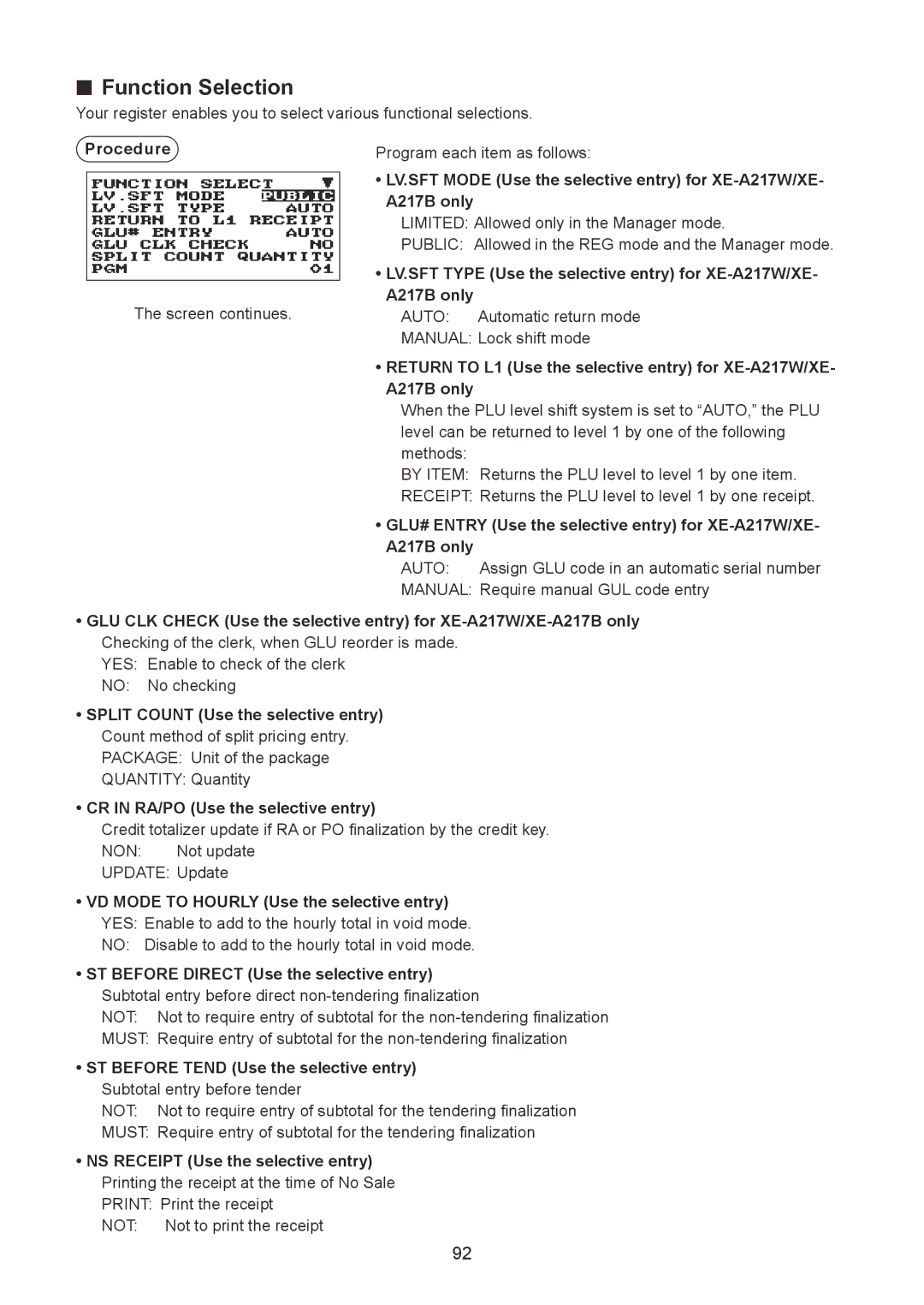 Sharp XE-A217W/XE-A217B Function Selection, Split Count Use the selective entry, CR in RA/PO Use the selective entry 