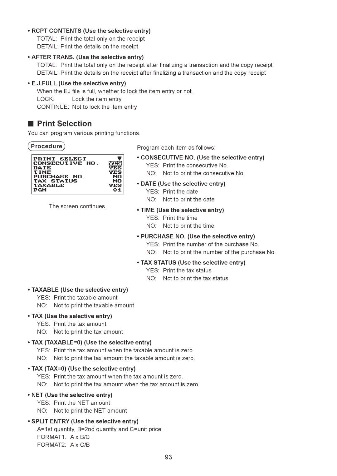 Sharp XE-A207W/XE-A207B, XE-A217W/XE-A217B instruction manual Print Selection 