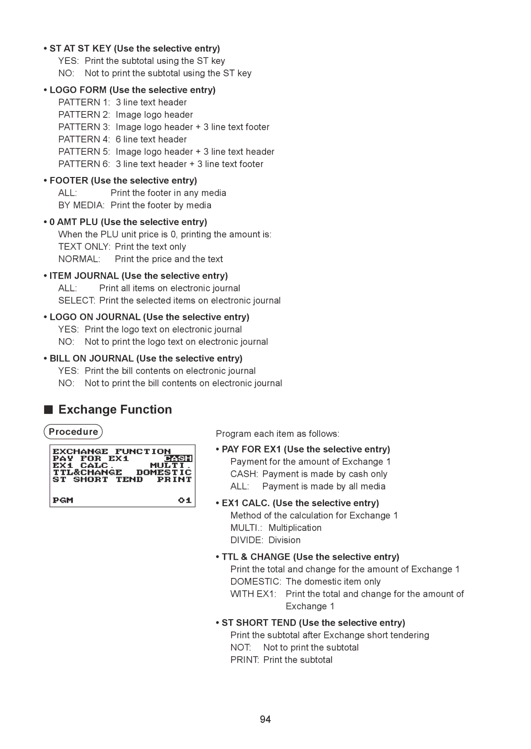 Sharp XE-A217W/XE-A217B Exchange Function, Footer Use the selective entry, AMT PLU Use the selective entry 