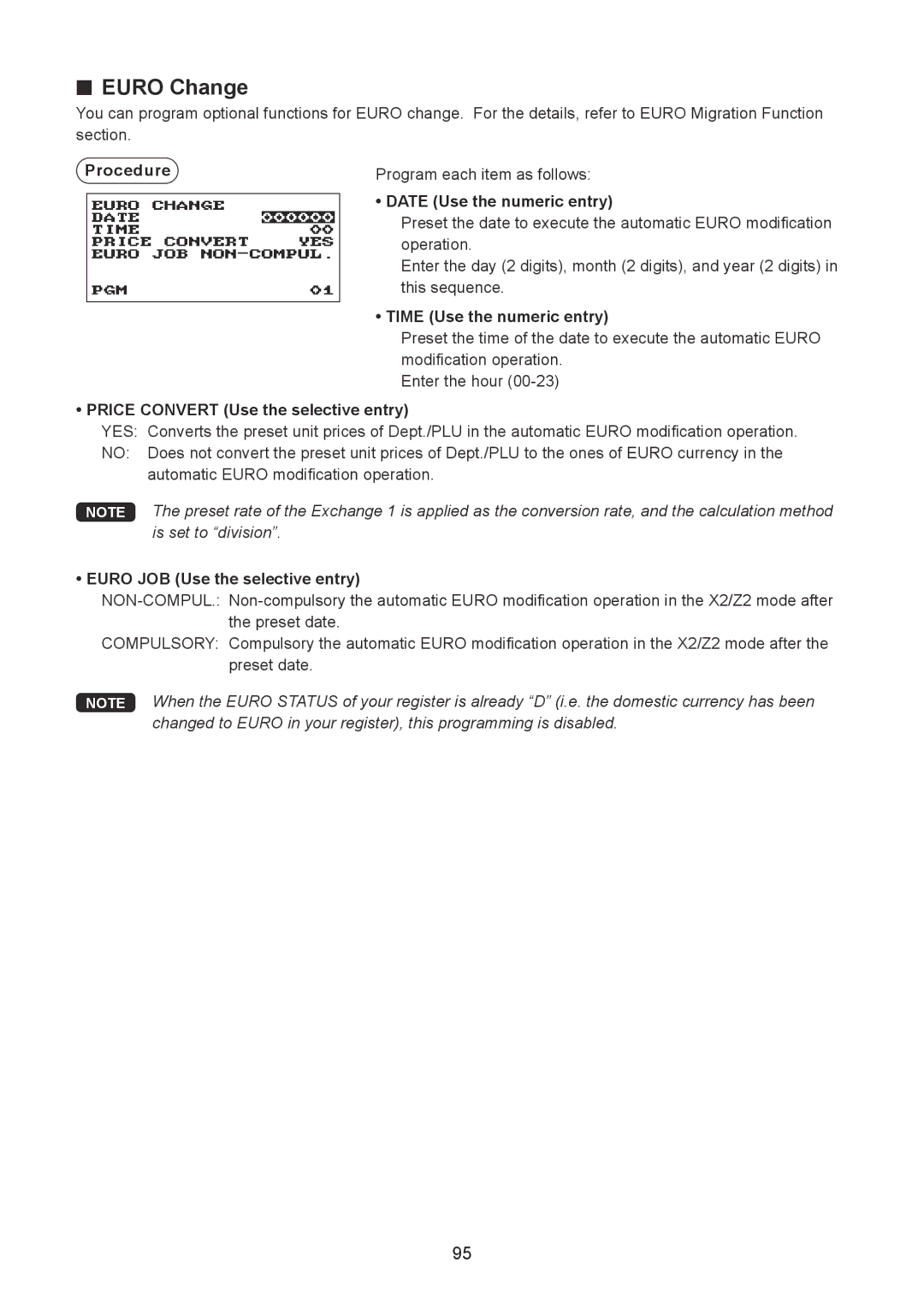 Sharp XE-A207W/XE-A207B Euro Change, Price Convert Use the selective entry, Euro JOB Use the selective entry 