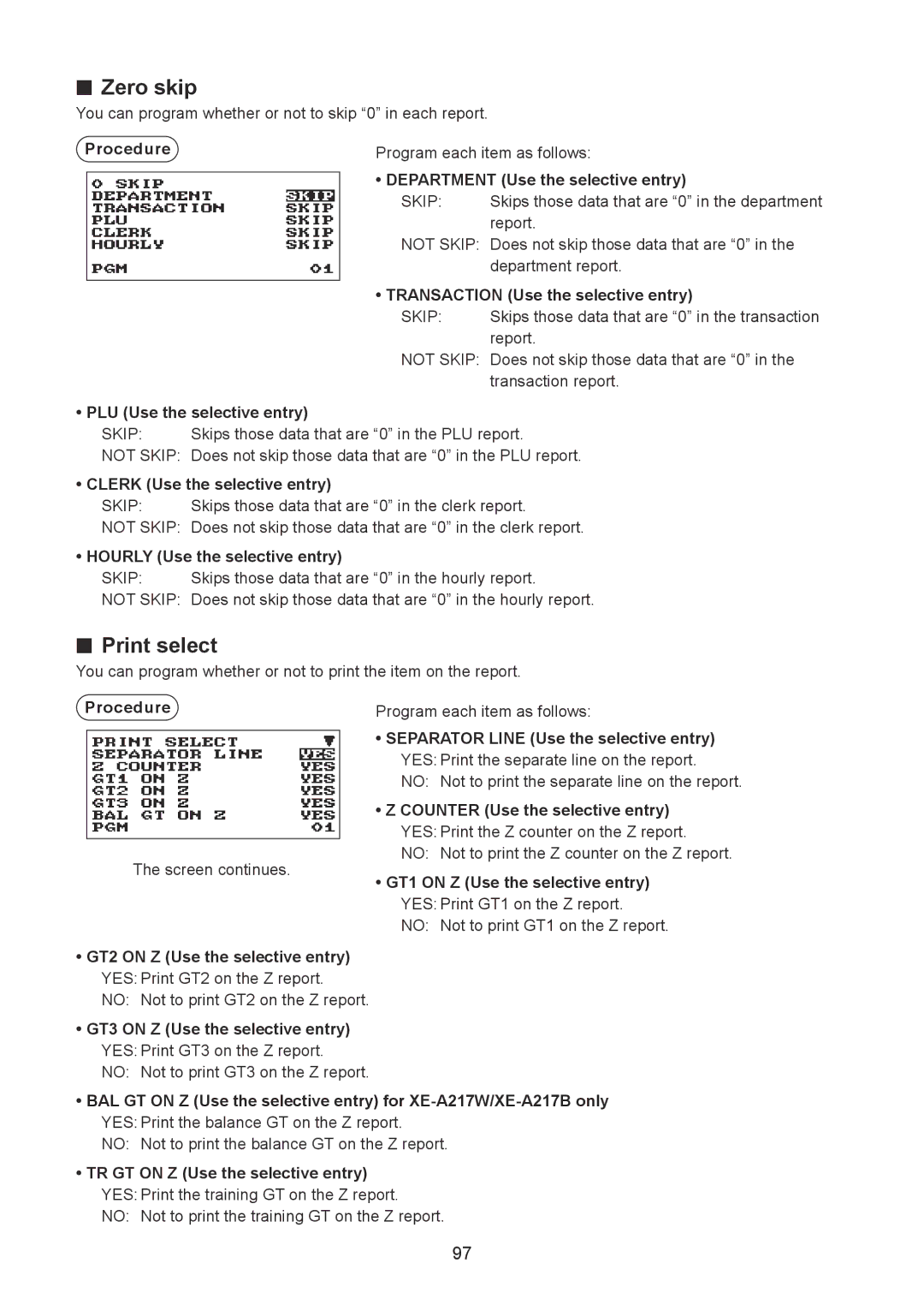 Sharp XE-A207W/XE-A207B, XE-A217W/XE-A217B instruction manual Zero skip, Print select 