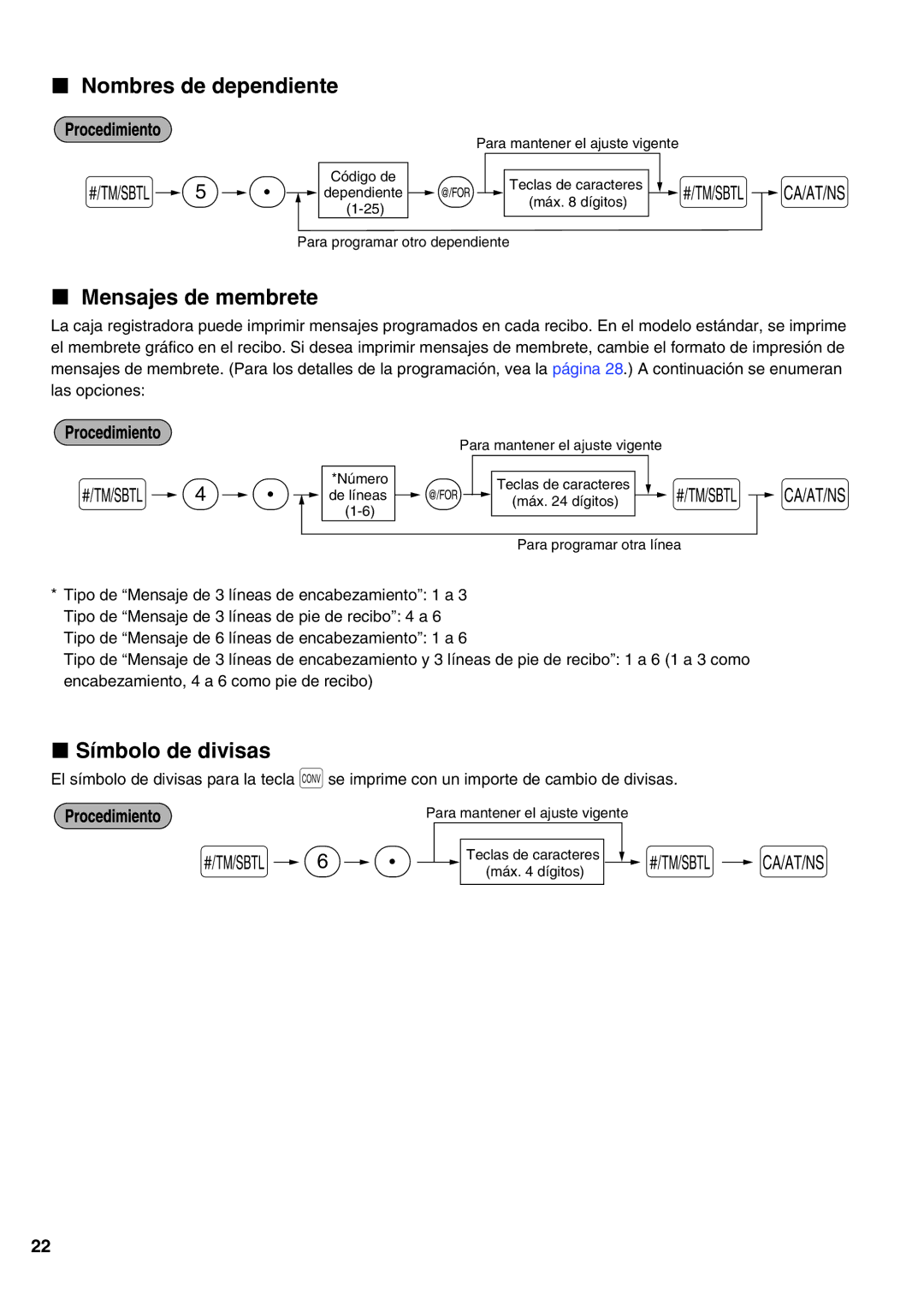 Sharp XE-A21S instruction manual Nombres de dependiente, Mensajes de membrete, Símbolo de divisas 