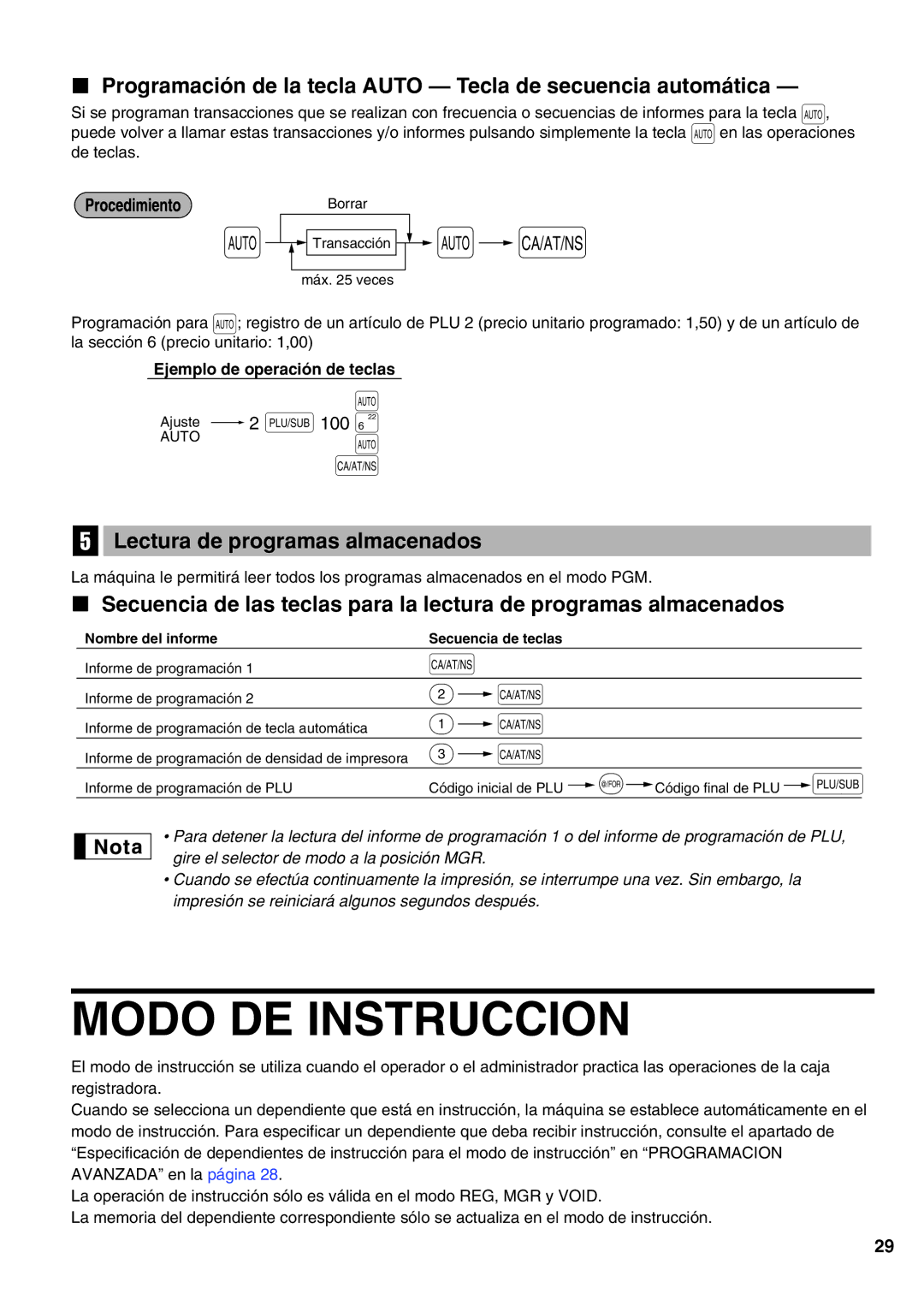 Sharp XE-A21S instruction manual Modo DE Instruccion, Programación de la tecla Auto Tecla de secuencia automática 