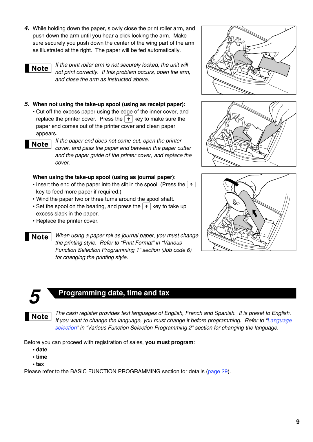 Sharp XE-A21S When not using the take-up spool using as receipt paper, When using the take-up spool using as journal paper 