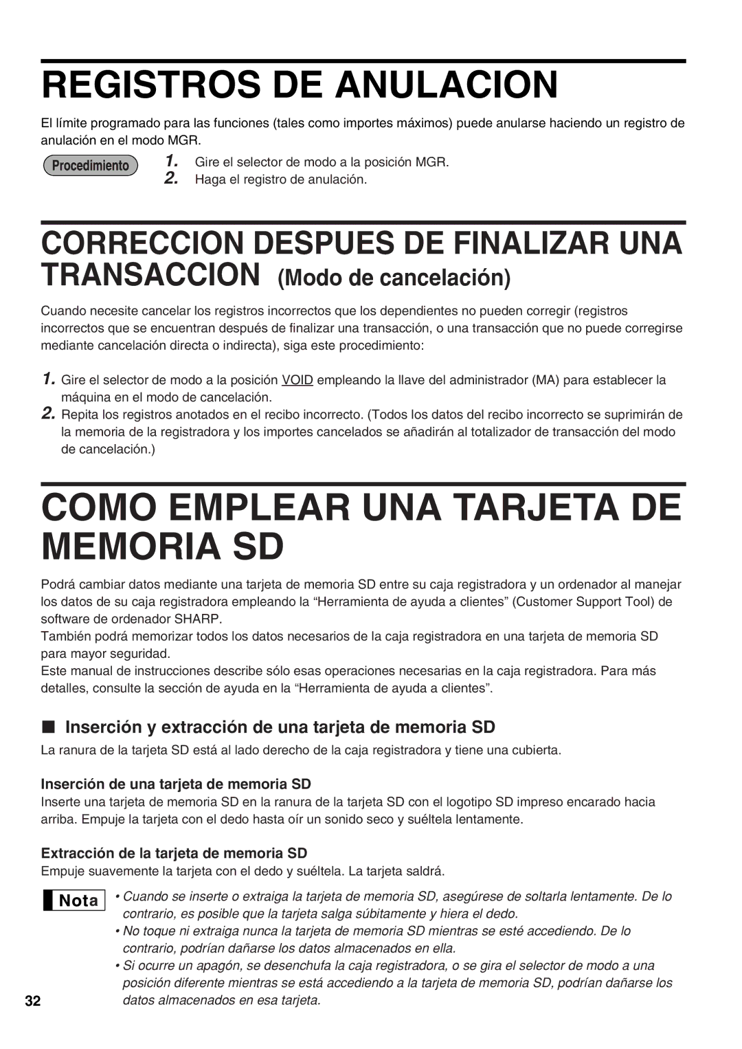 Sharp XE-A21S Registros DE Anulacion, Como Emplear UNA Tarjeta DE Memoria SD, Inserción de una tarjeta de memoria SD 