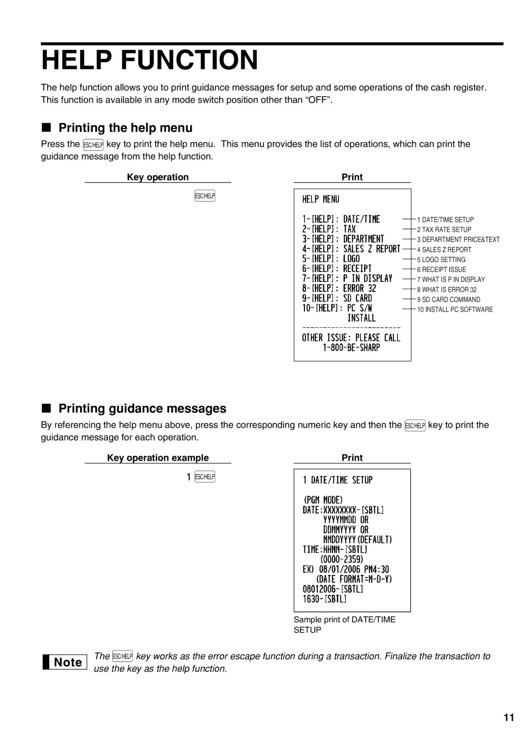 Sharp XE-A21S instruction manual Help Function, Printing the help menu, Printing guidance messages, Key operation Print 