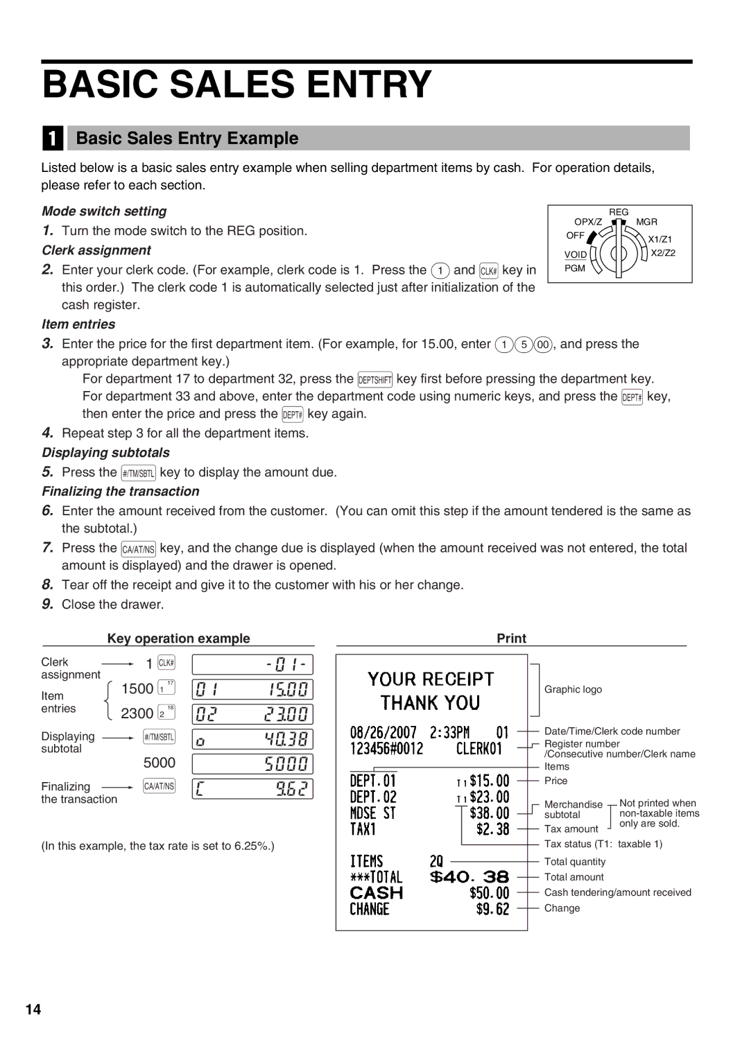 Sharp XE-A21S instruction manual Basic Sales Entry Example, 1500, 5000, Key operation example 