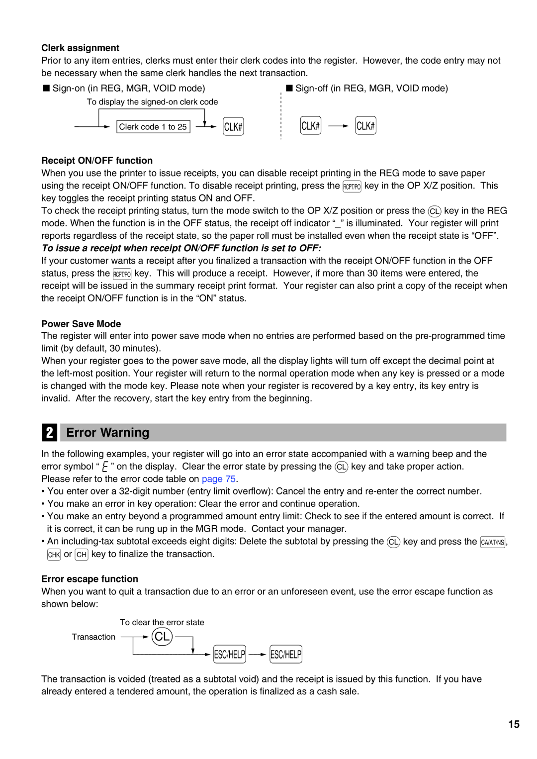 Sharp XE-A21S Error Warning, Clerk assignment, Receipt ON/OFF function, Power Save Mode, Error escape function 