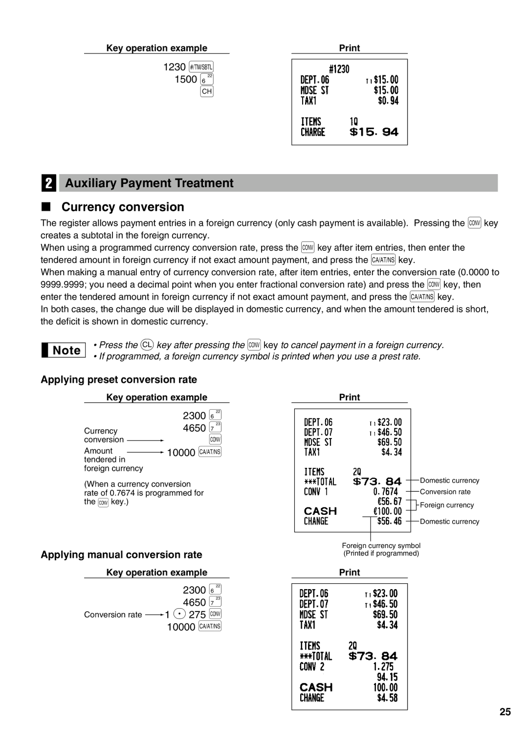 Sharp XE-A21S instruction manual Auxiliary Payment Treatment Currency conversion, Applying preset conversion rate 