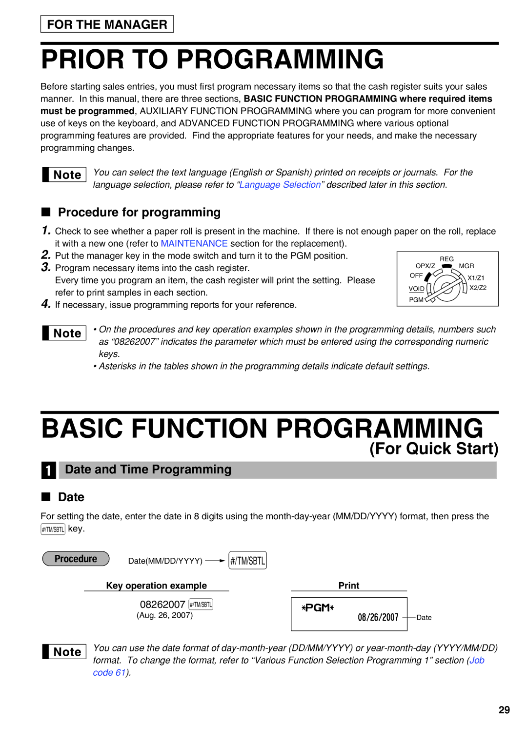 Sharp XE-A21S Prior to Programming, Basic Function Programming, Procedure for programming, Date and Time Programming 