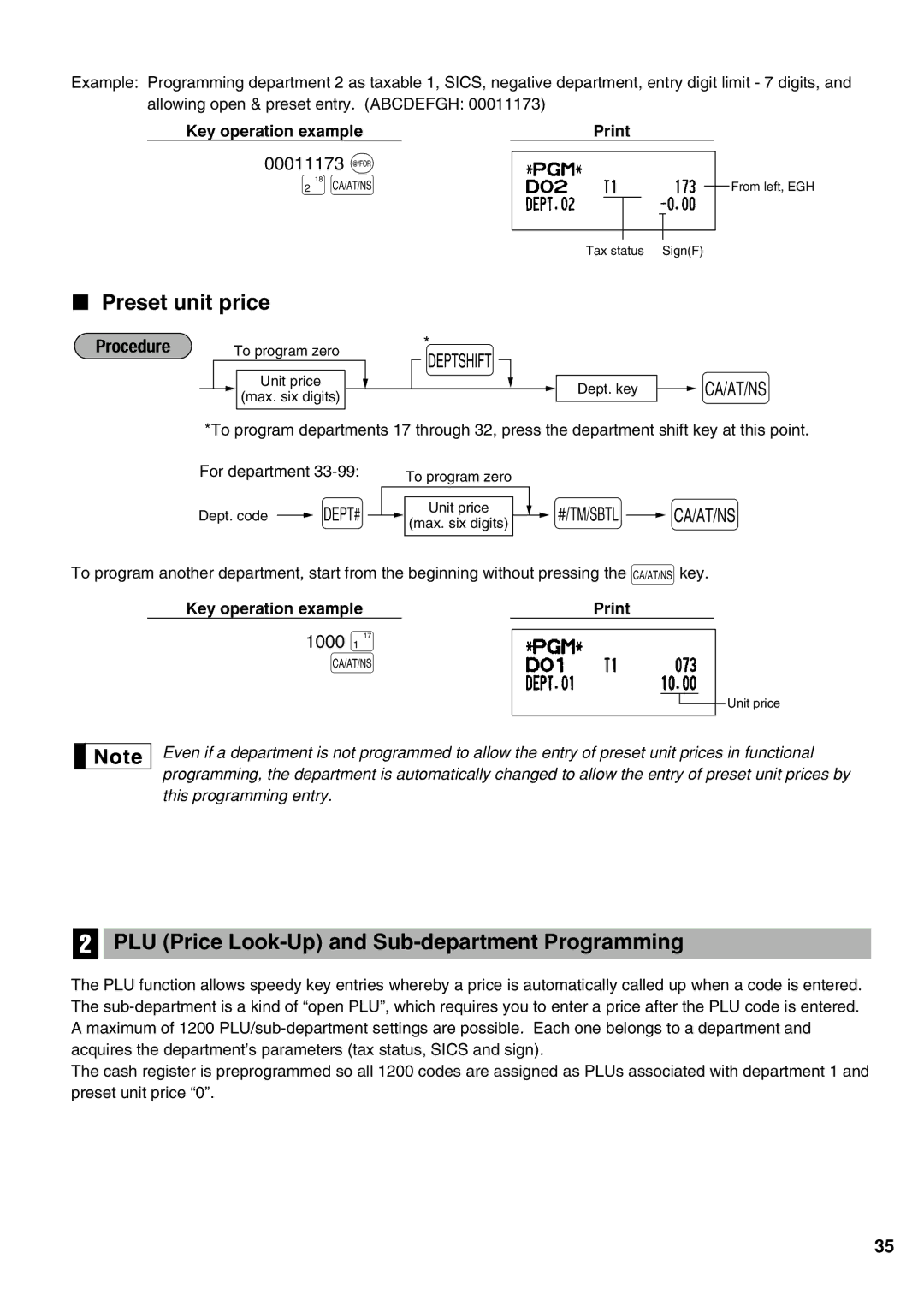 Sharp XE-A21S instruction manual Preset unit price, PLU Price Look-Up and Sub-department Programming, 00011173 @, 1000 