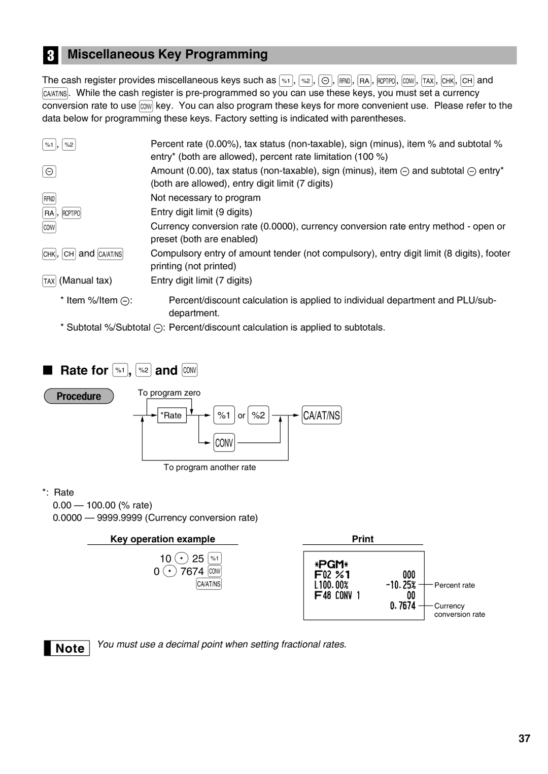 Sharp XE-A21S instruction manual Miscellaneous Key Programming, Rate for %, &and, 10 P 25 % 7674 