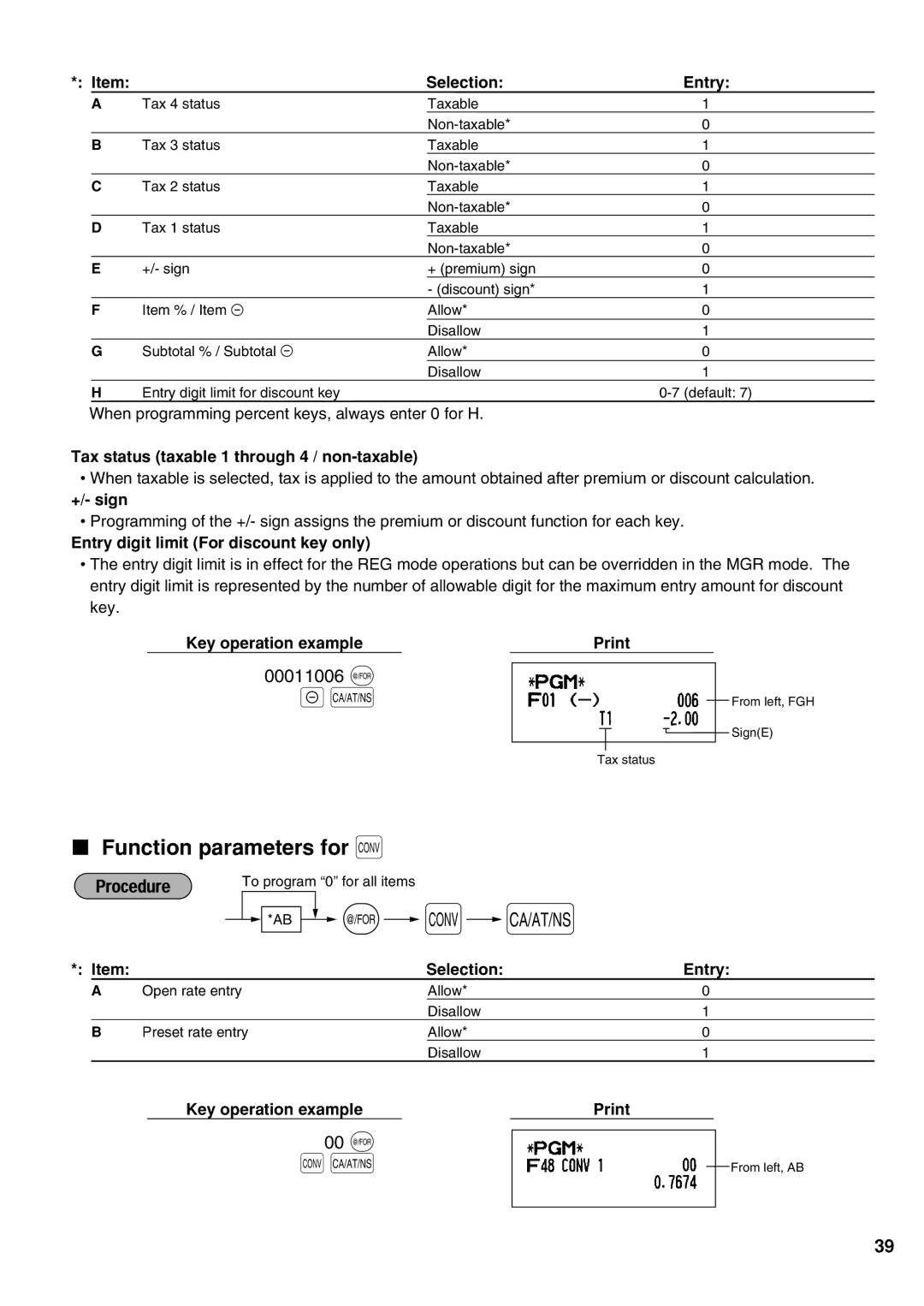 Sharp XE-A21S Function parameters for, 00011006 @, 00 @, +/- sign, Entry digit limit For discount key only 