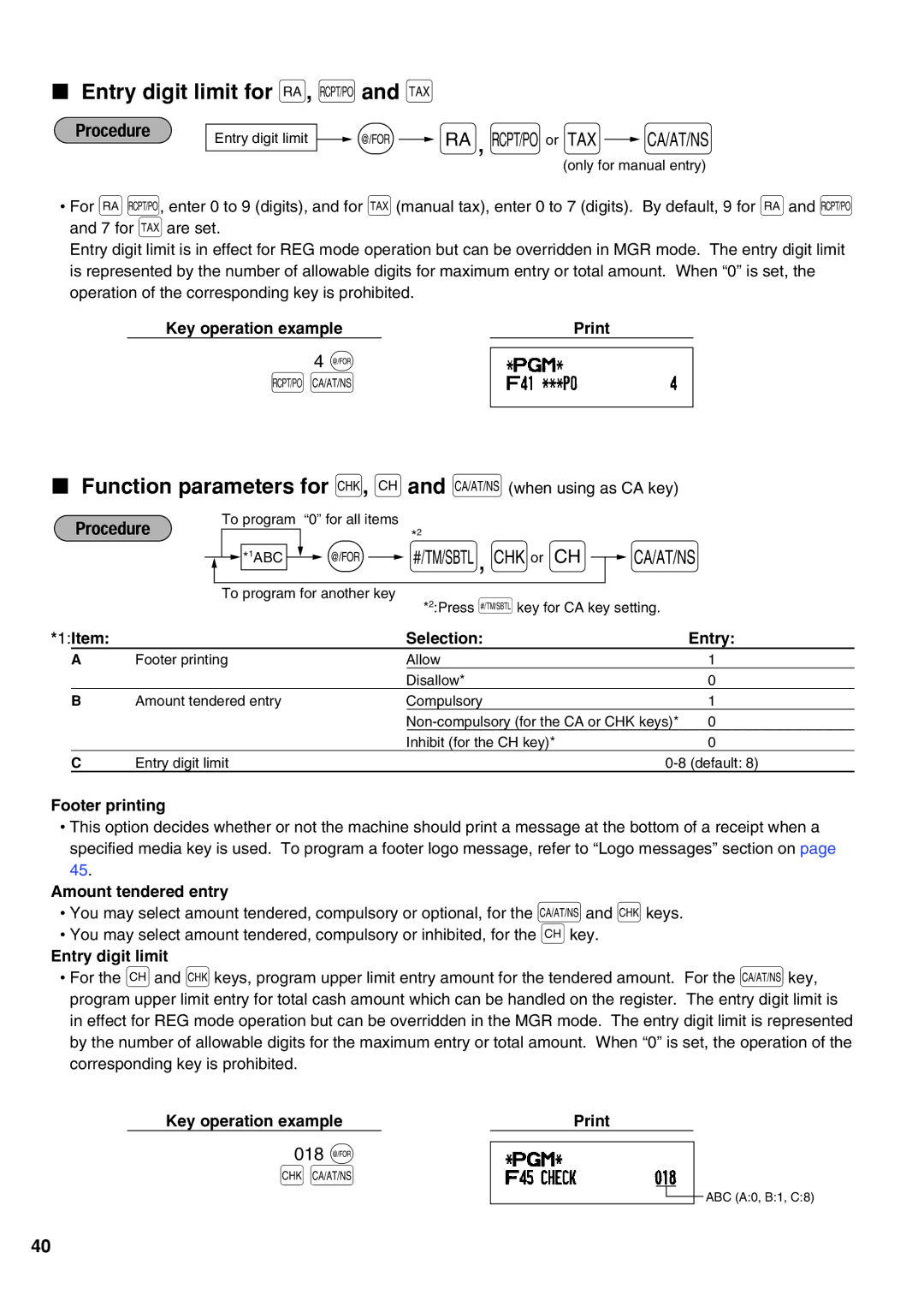 Sharp XE-A21S Cor c, Entry digit limit for r, Rand t, Function parameters for C, cand Awhen using as CA key, 018 @ 