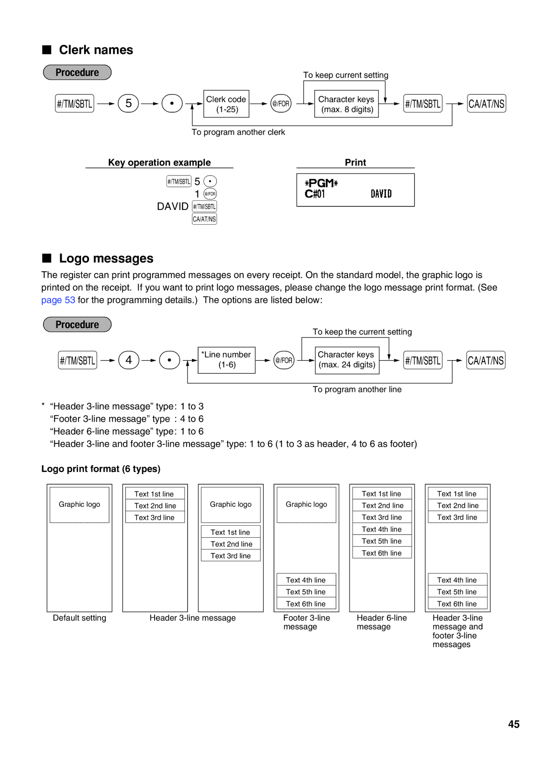 Sharp XE-A21S instruction manual Clerk names, Logo messages, David s, Logo print format 6 types 