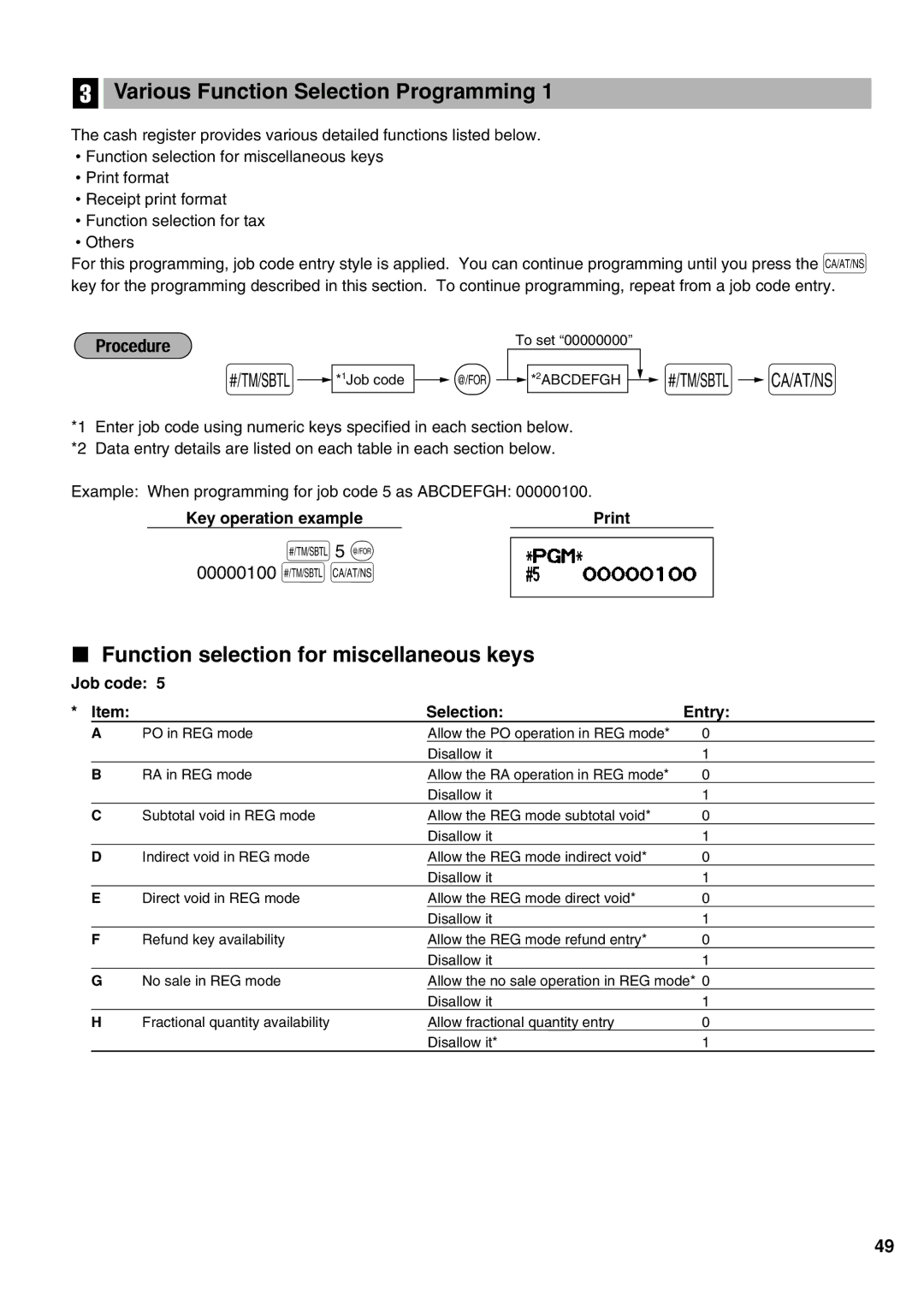 Sharp XE-A21S S5 @, Various Function Selection Programming, Function selection for miscellaneous keys, 00000100 sA 