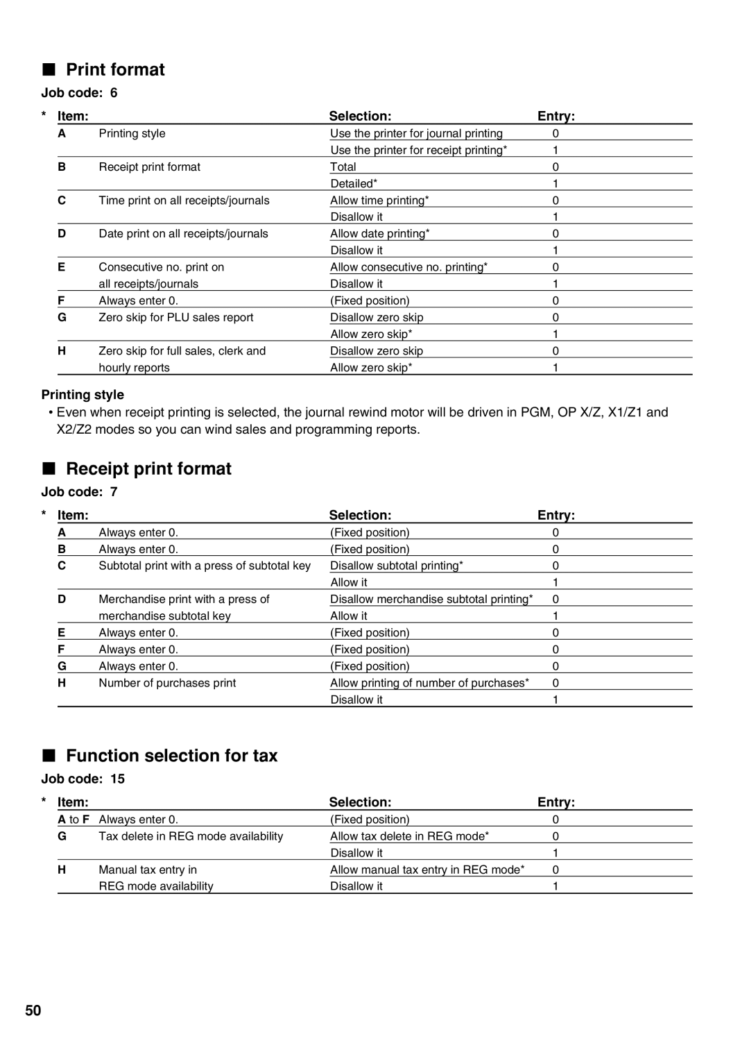 Sharp XE-A21S instruction manual Print format, Receipt print format, Function selection for tax, Printing style 